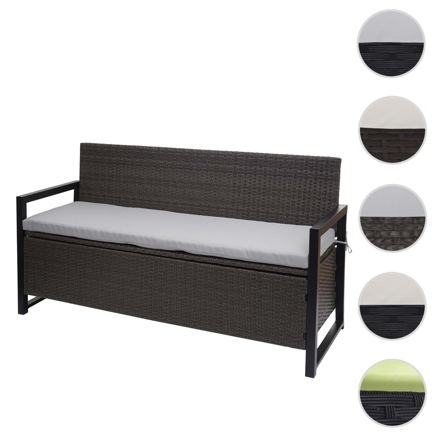 Poly-rattan 3-zitsbank MCW-F39, tuinbank kistbank, opbergvak zitkussens ~ grijs, grijze kussens