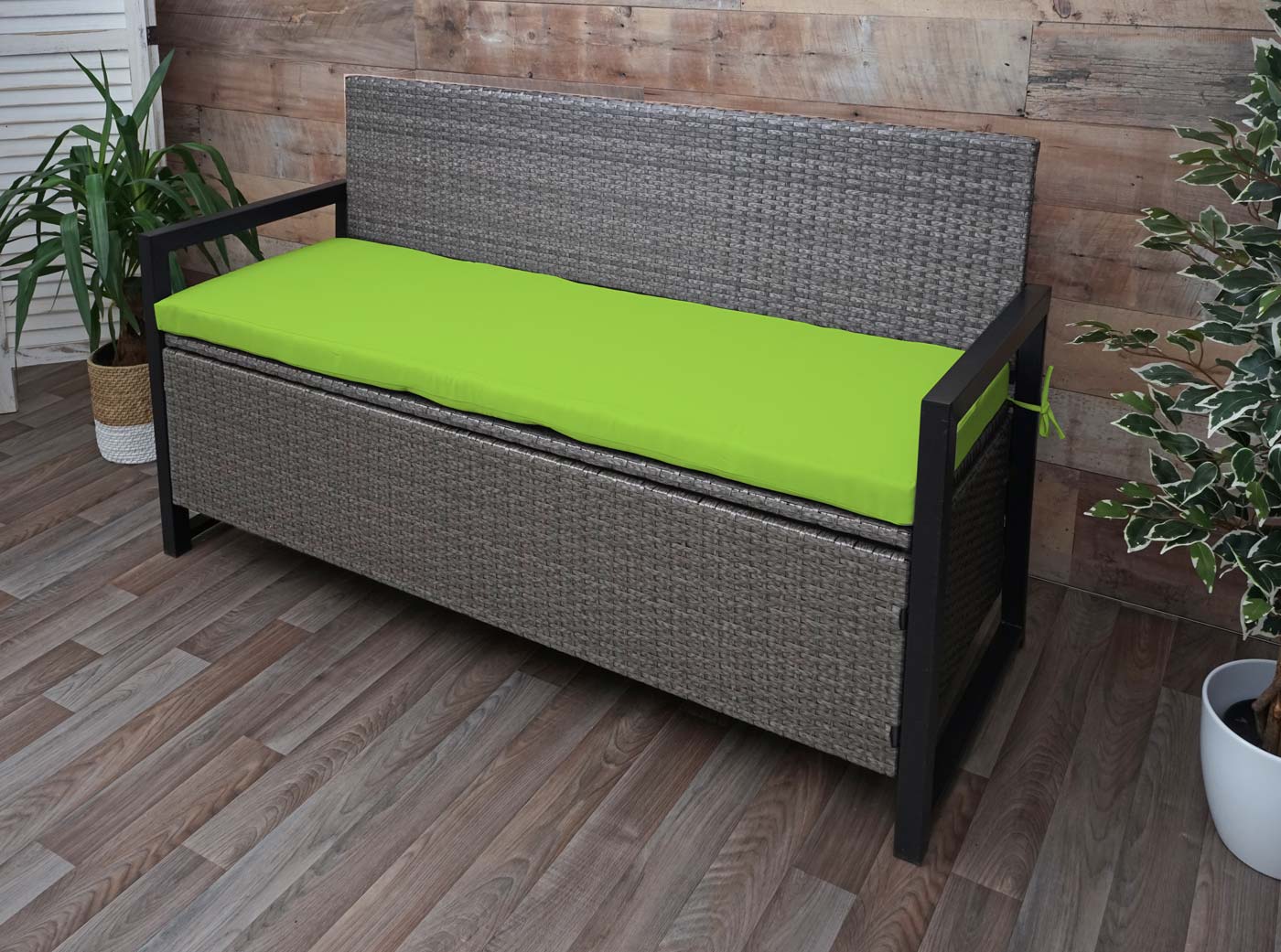 Poly-rattan 3-zitsbank MCW-F39, tuinbank kistbank, opbergvak opbergkussens zitting ~ grijs-gevlamd, kussens groen