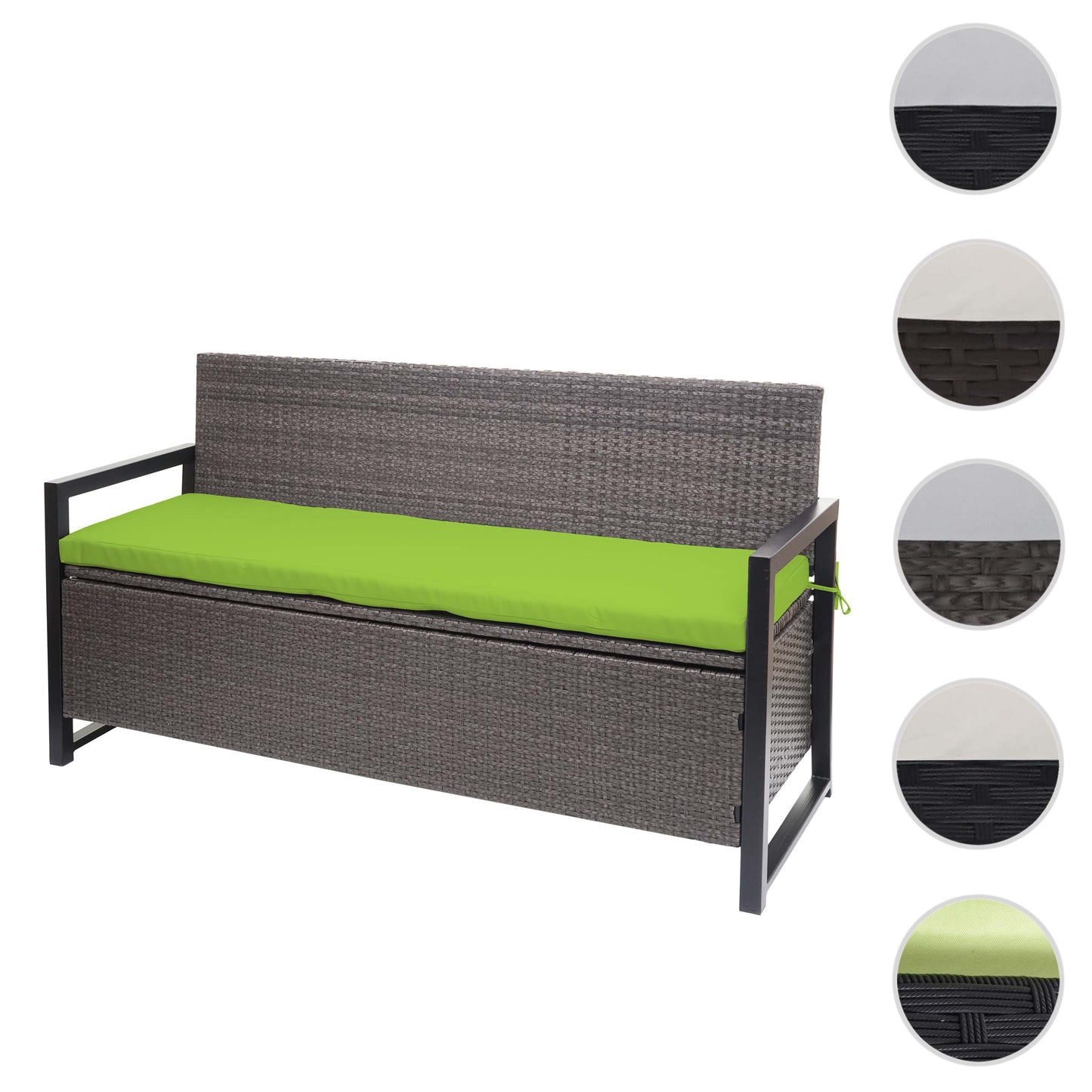 Poly-rattan 3-zitsbank MCW-F39, tuinbank kistbank, opbergvak opbergkussens zitting ~ grijs-gevlamd, kussens groen