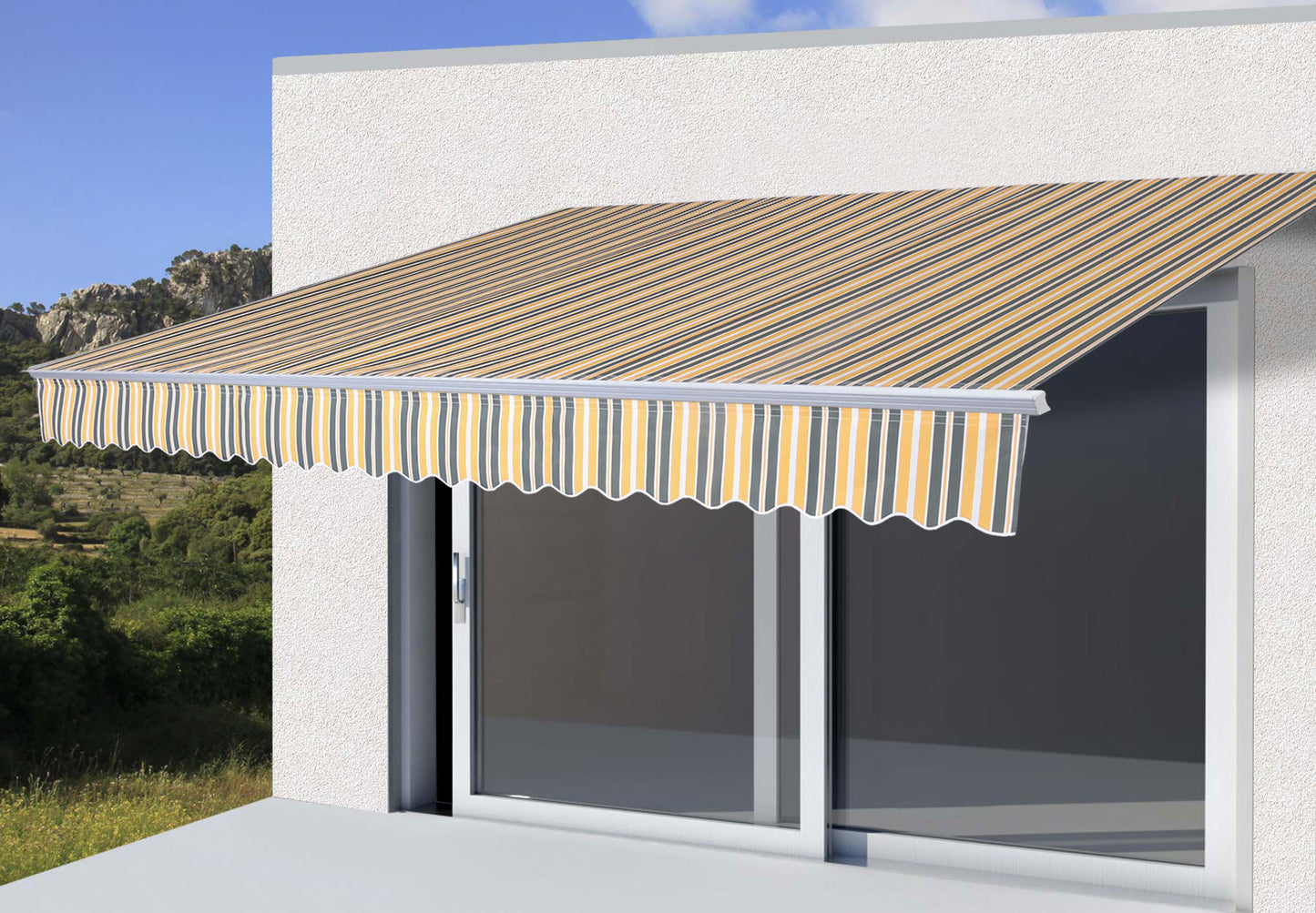 Aluminium zonnescherm MCW-E49, klaparm zonnescherm zonwering 2,5x2m ~ Polyester grijs-geel gestreept
