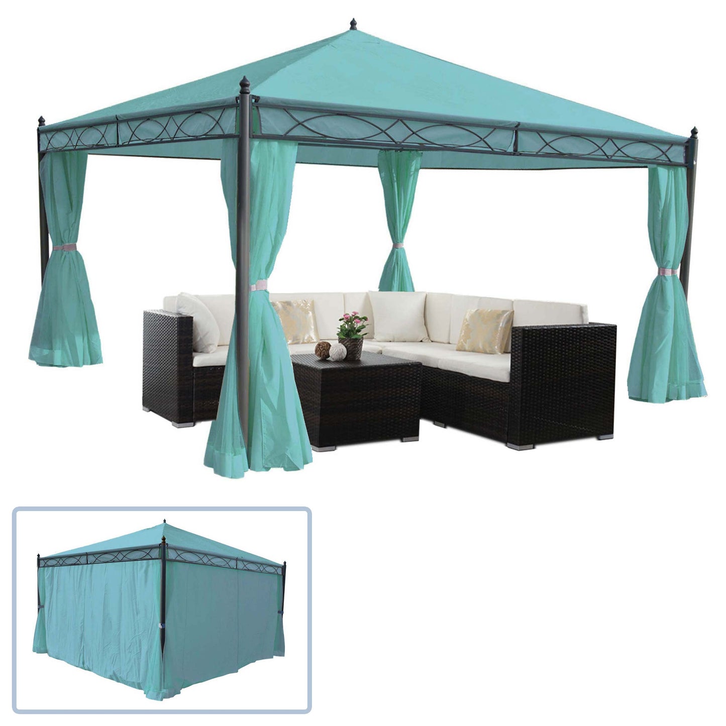 Pergola Cadiz, tuinpaviljoen, stevig 7cm frame met zijwand ~ turquoise 4x4m