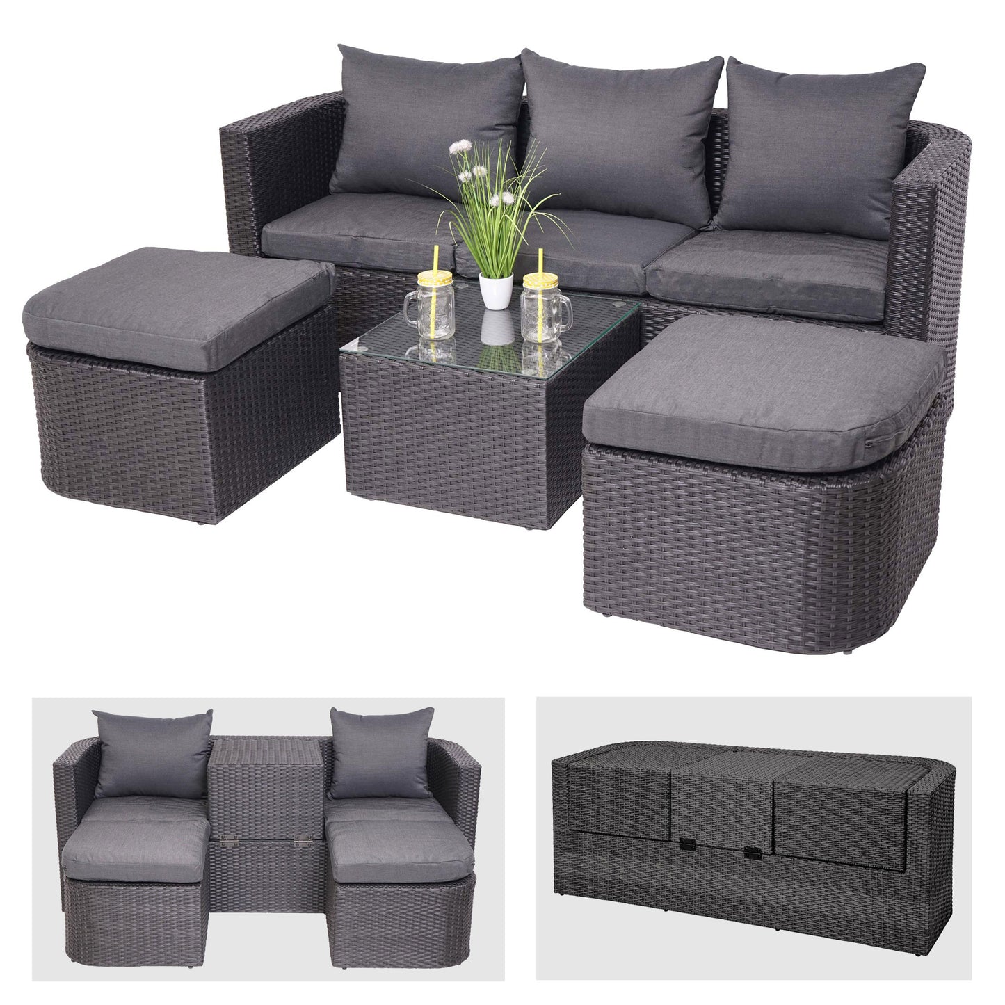 3in1 set MCW-J37, tuin/loungeset zonne-eiland, gesponnen poly rotan MVG ~ antraciet, donkergrijze kussens