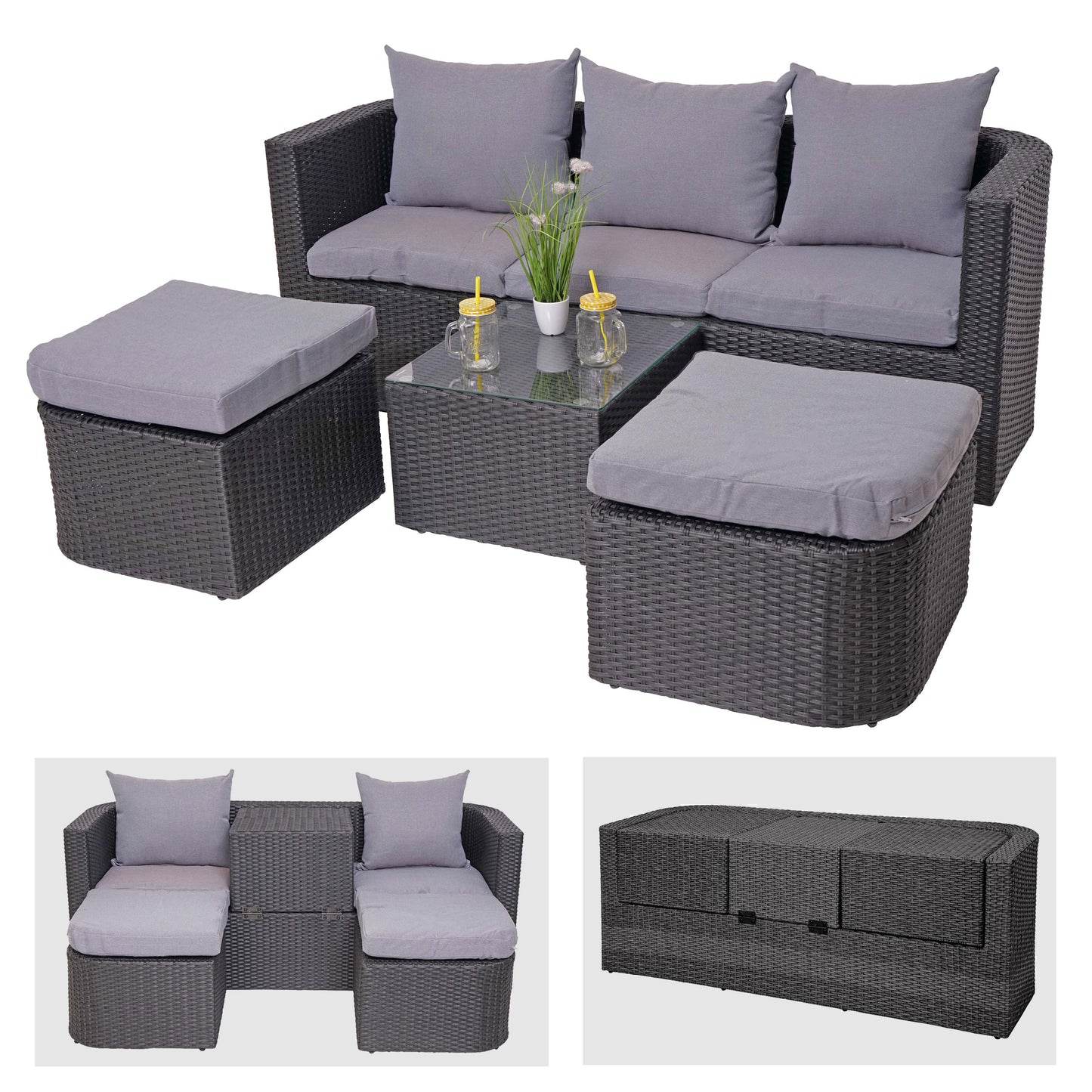 3in1 set MCW-J37, tuin/loungeset zonne-eiland, gesponnen poly-rattan MVG ~ antraciet, kussens lichtgrijs