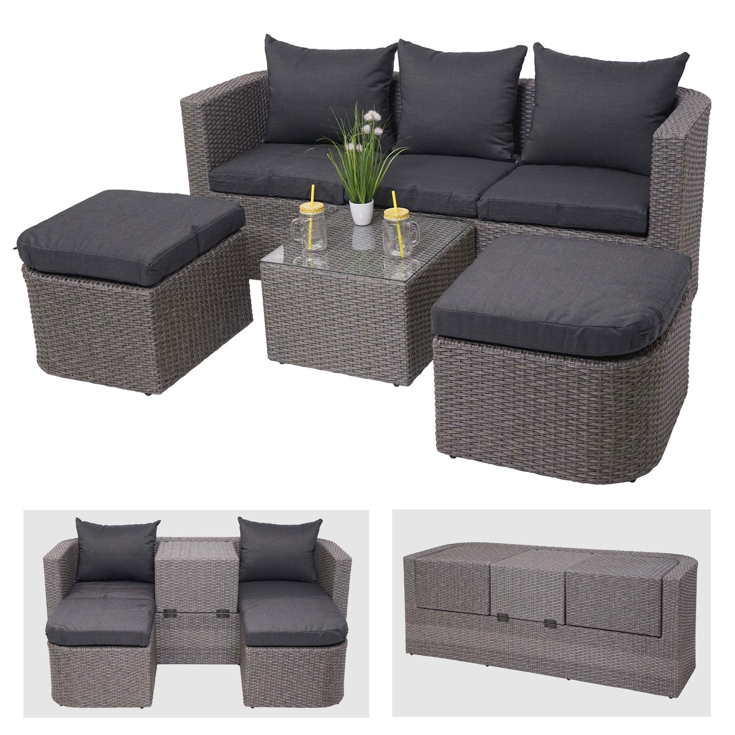 3in1 set MCW-J37, tuin/loungeset zonne-eiland, gesponnen poly-rattan MVG ~ grijs, antraciet kussens