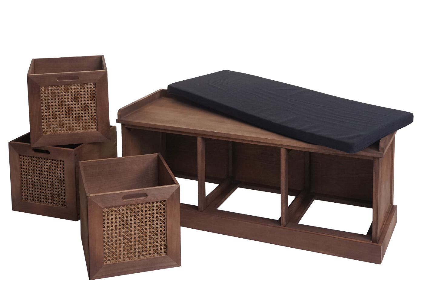 Bank MCW-J49, gestoffeerde bank garderobebank, kussens opbergboxen opbergvak 47x110x40cm ~ bruin, bekleding zwart