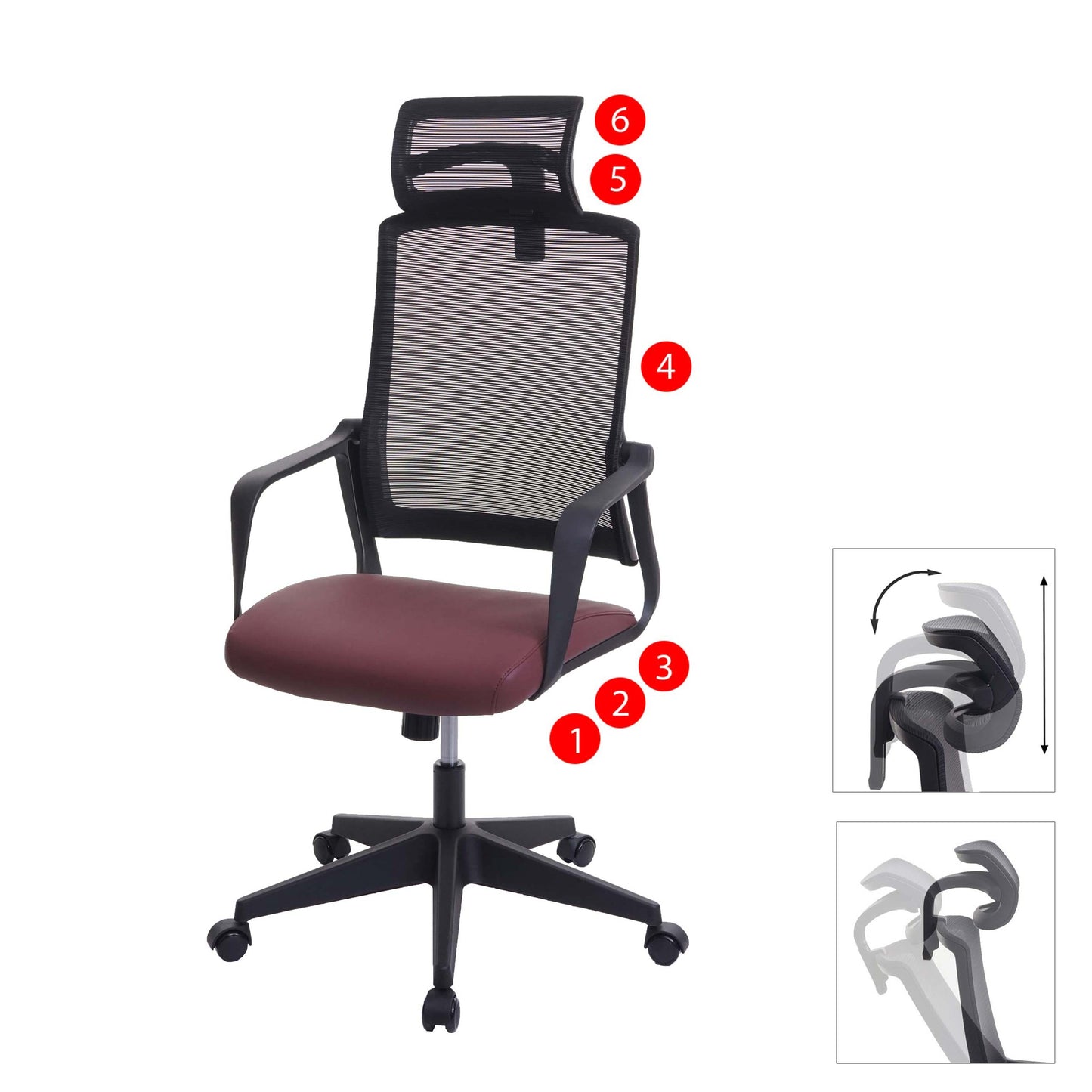 Bureaustoel MCW-J52, bureaustoel, ergonomische hoofdsteun, kunstleer ~ bordeaux-rood