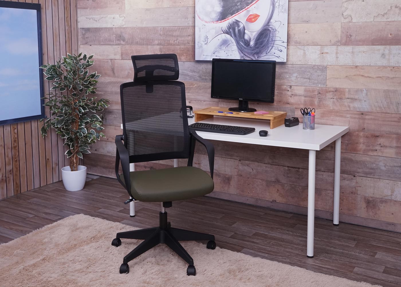 Bureaustoel MCW-J52, bureaustoel, ergonomische hoofdsteun, kunstleer ~ olijfgroen