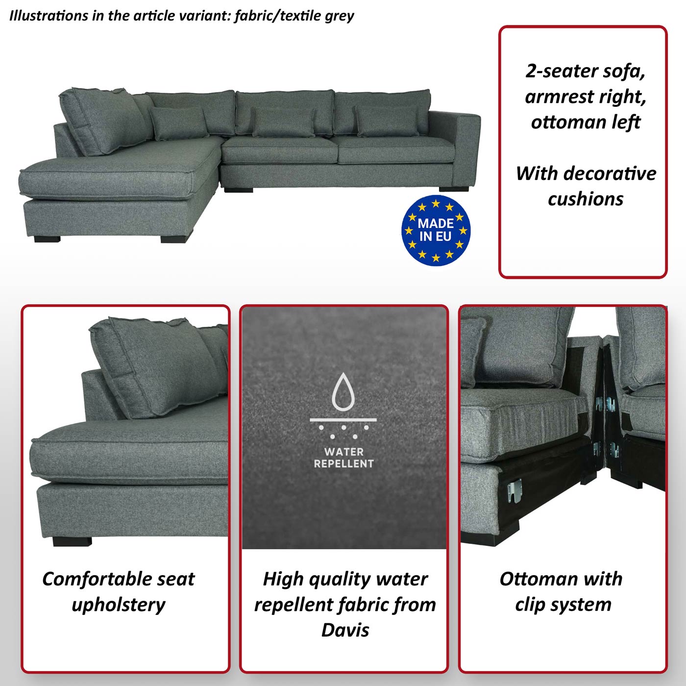 Hoekbank MCW-J58, bank met voetenbank links, Made in EU, waterafstotend 295cm ~ stof/textiel grijs