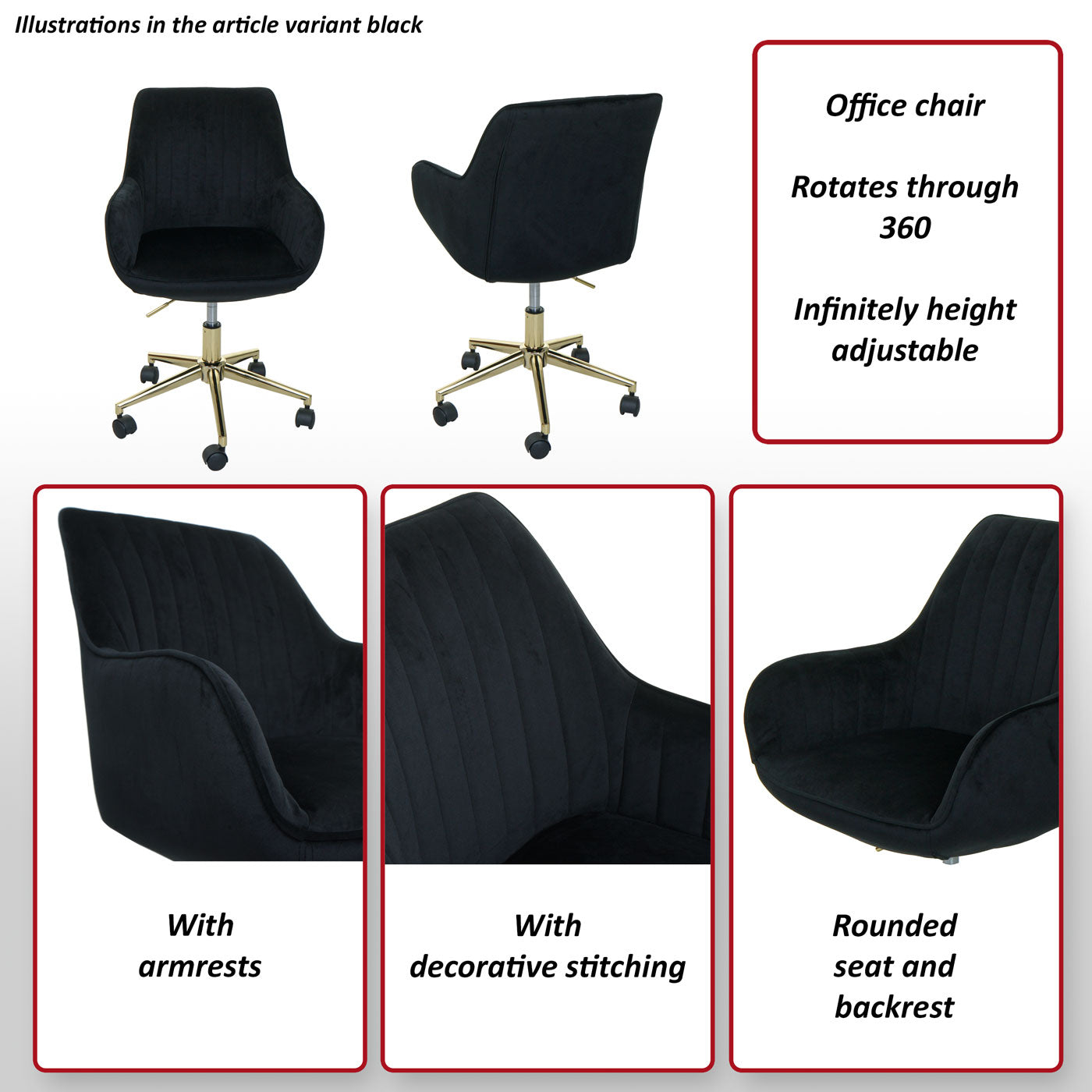 Bureaustoel MCW-J62, bureaustoel bureaustoel fauteuil stoel, fluweel met armleuning gouden voet ~ roze