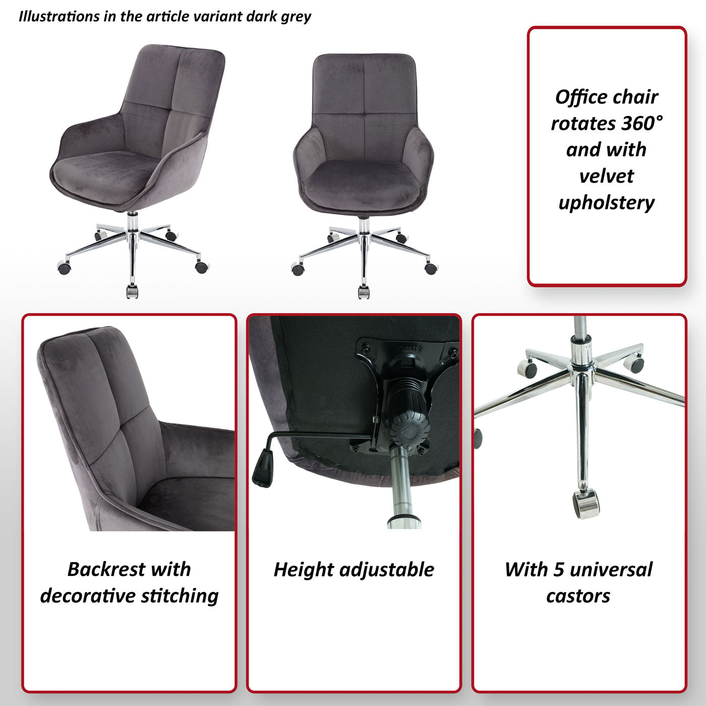 Bureaustoel MCW-J64, bureaustoel bureaustoel fauteuil, in hoogte verstelbaar fluweel MVG ~ zwart