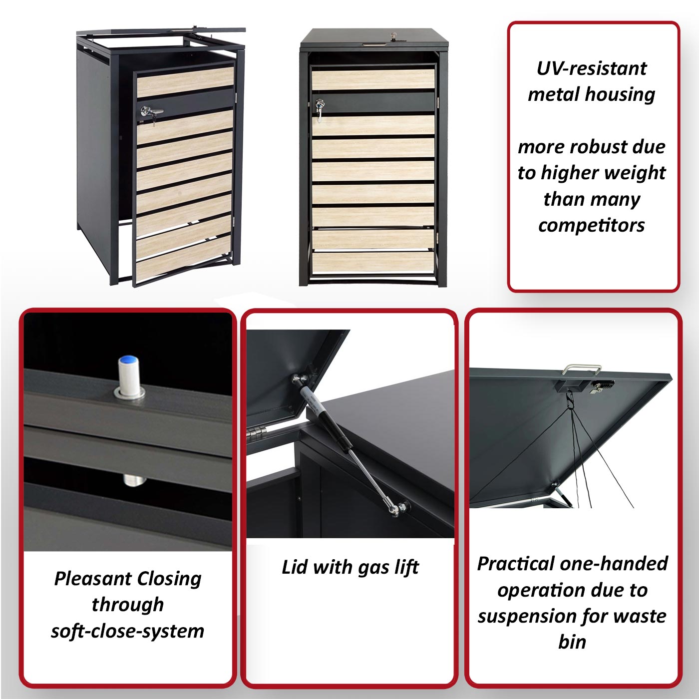 1 afvalemmerbehuizing MCW-J81, afvalemmerbox, uitbreidbaar, metaal 32kg, antraciet ~ kersenhout look donkerbruin