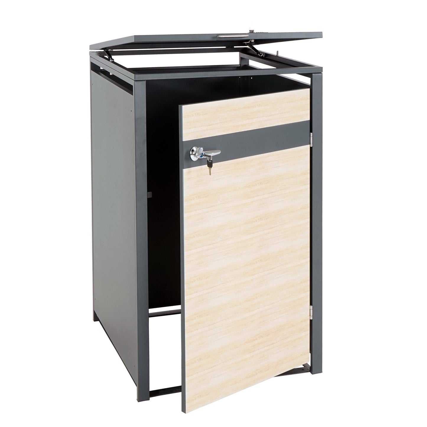 1 deksel afvalbak MCW-J82, afvalbak, uittrekbaar, metaal 32kg, antraciet ~ beukenhout look lichtbruin