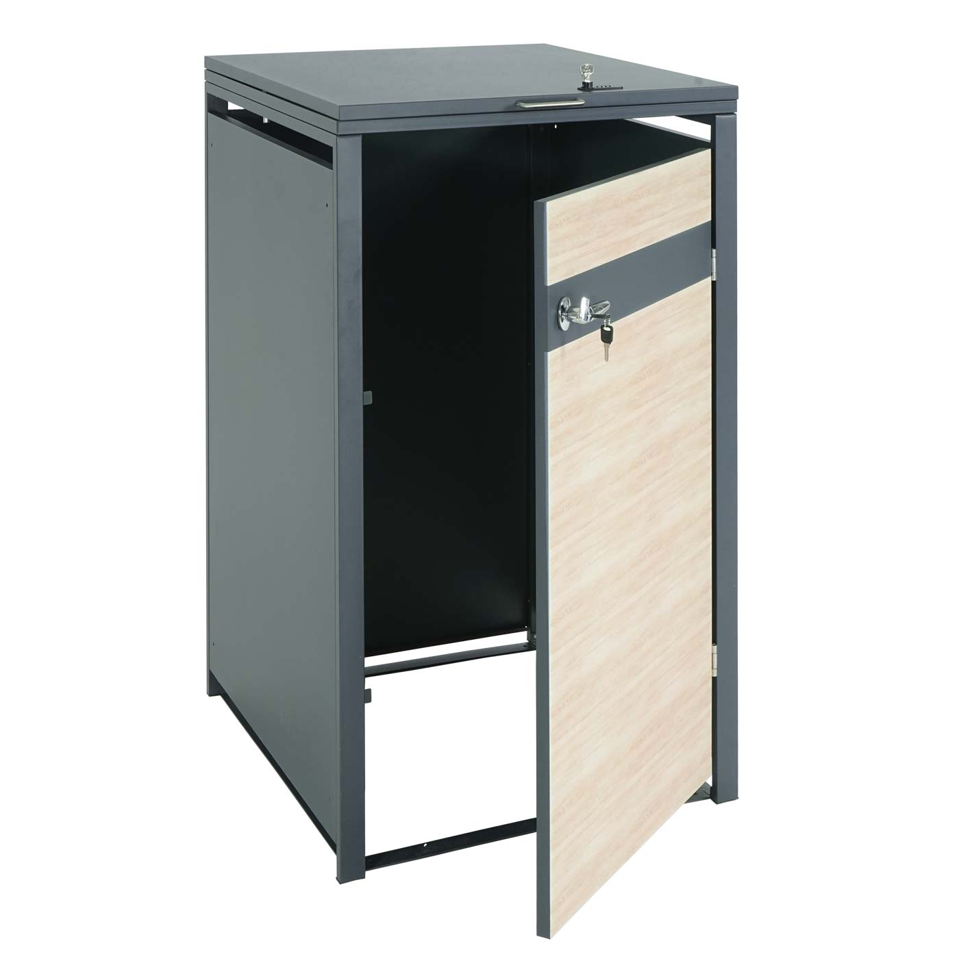1 deksel afvalbak MCW-J82, afvalbak, uittrekbaar, metaal 32kg, antraciet ~ beukenhout look lichtbruin