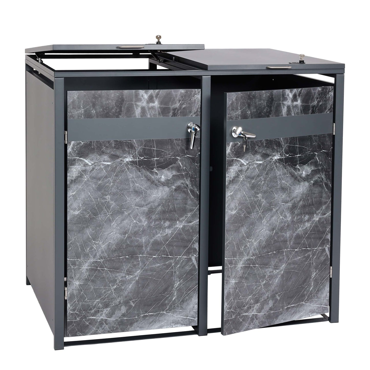2-bins afvalbak deksel MCW-J82, afvalbak, uitbreidbaar, metaal 50kg, antraciet ~ donker marmer look