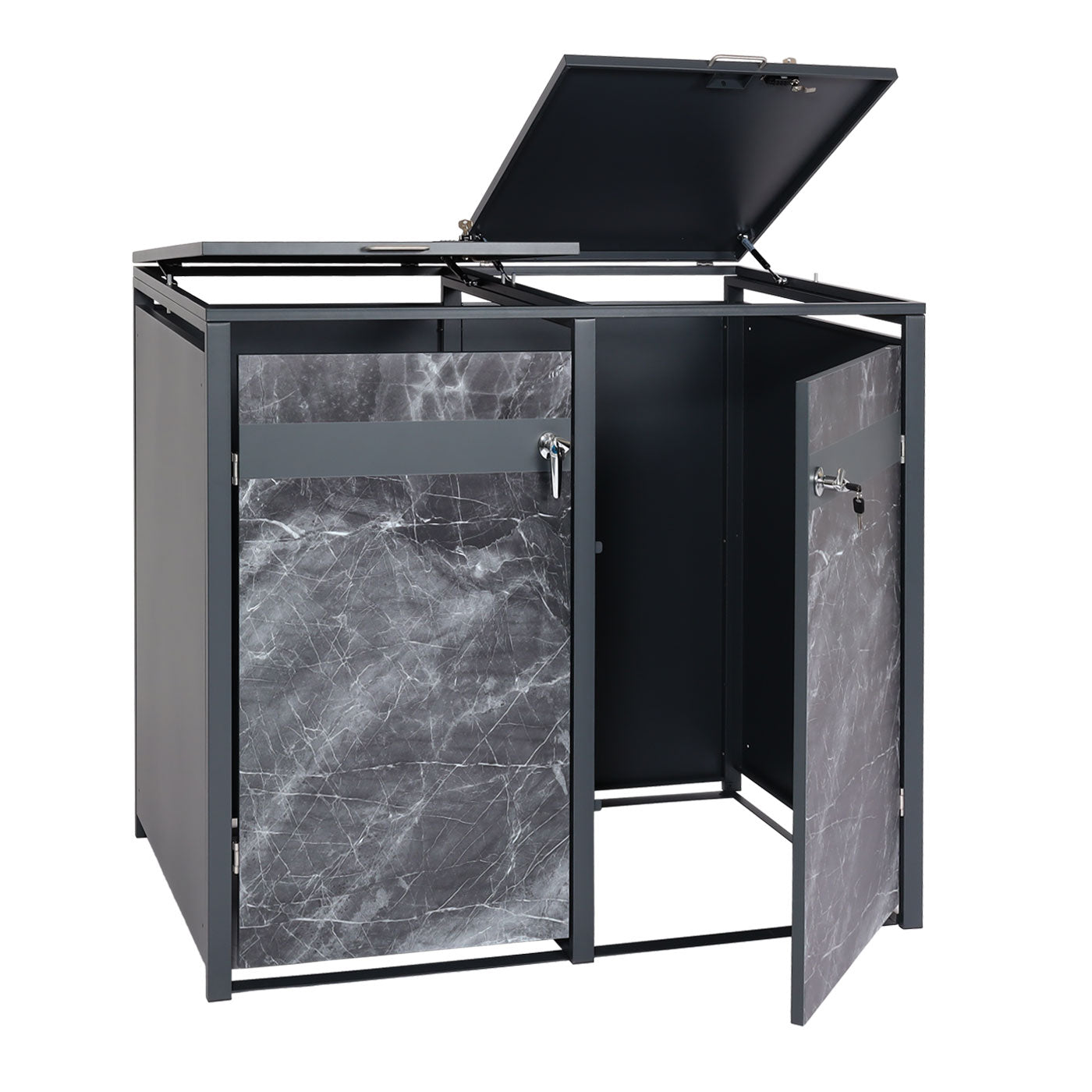 2-bins afvalbak deksel MCW-J82, afvalbak, uitbreidbaar, metaal 50kg, antraciet ~ donker marmer look