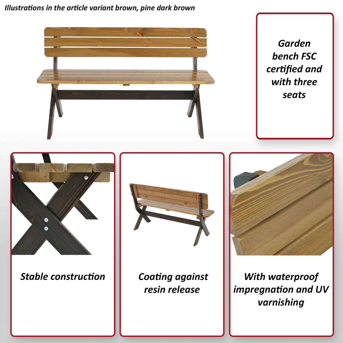 Tuinbank MCW-J83, parkbank houten bank, massief hout MVG-gecertificeerd 148cm ~ bruin, grenen donkerbruin