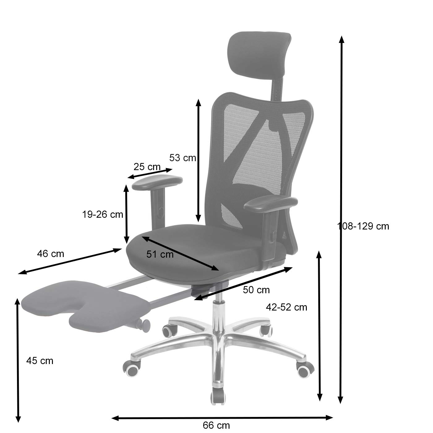 SIHOO bureaustoel bureaustoel, ergonomisch, verstelbare lendensteun, 150kg belastbaar ~ met voetensteun, zwart