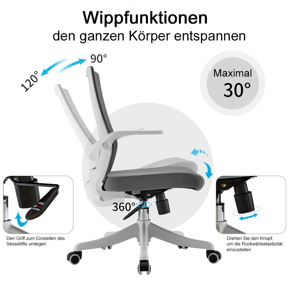 SIHOO Moderne ergonomische bureaustoel, bureaustoel, ademend, taillesteun, opklapbare armleuning ~ zwart