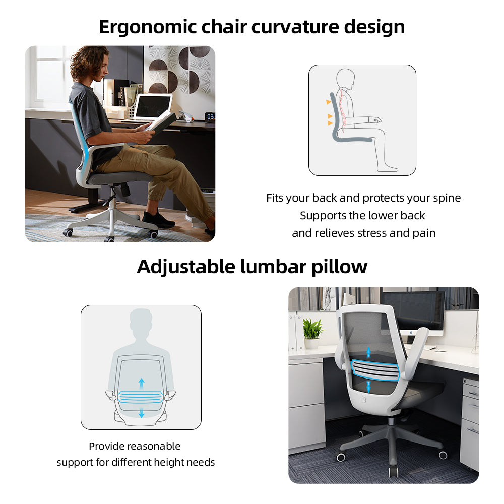 SIHOO Moderne ergonomische bureaustoel, bureaustoel, ademend, taillesteun, opklapbare armleuning ~ zwart