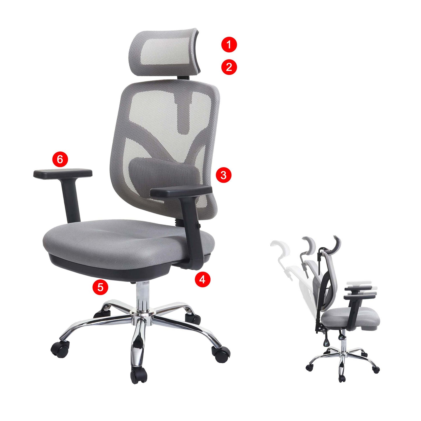 Bureaustoel MCW-J92, bureaustoel, ergonomisch, verstelbare lendensteun en armleuning ~ grijs