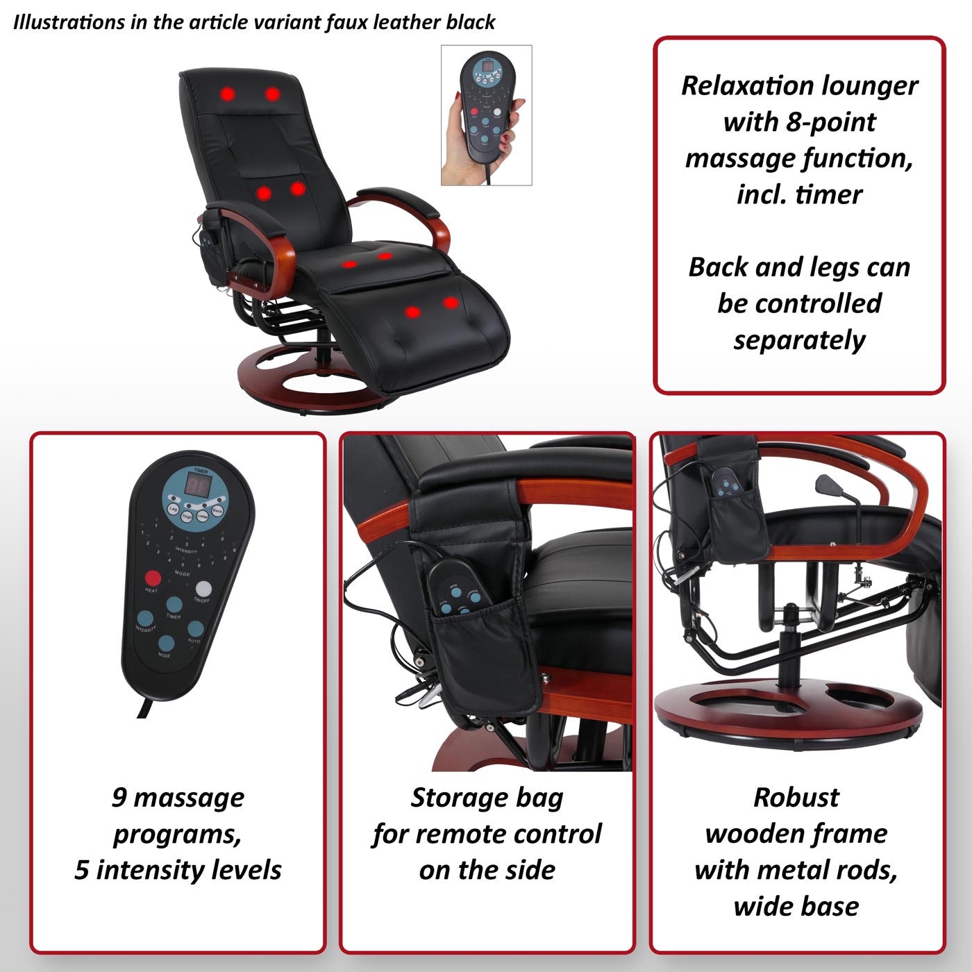 ARLES II relaxfauteuil, massagefauteuil, MET massage ~ kunstleer, zwart