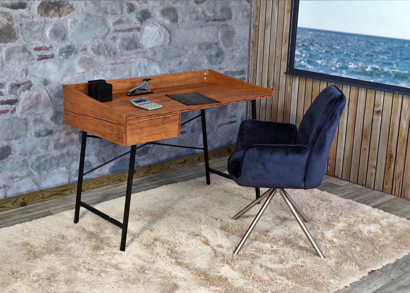 Bureau MCW-J97, bureau computerbureau, lade 3D structuur 98x114x60cm MVG-gecertificeerd ~ bruin