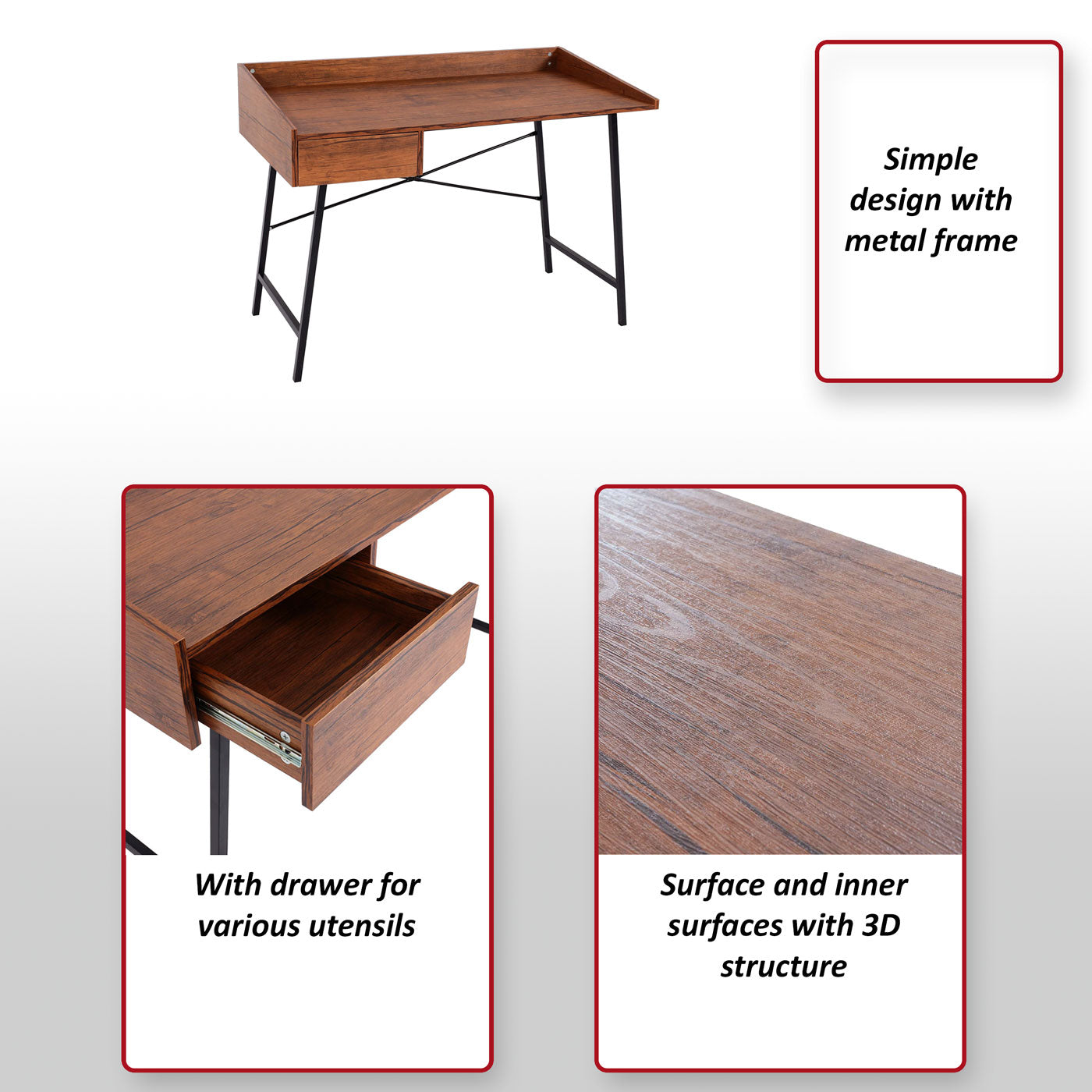Bureau MCW-J97, bureau computerbureau, lade 3D structuur 98x114x60cm MVG-gecertificeerd ~ bruin