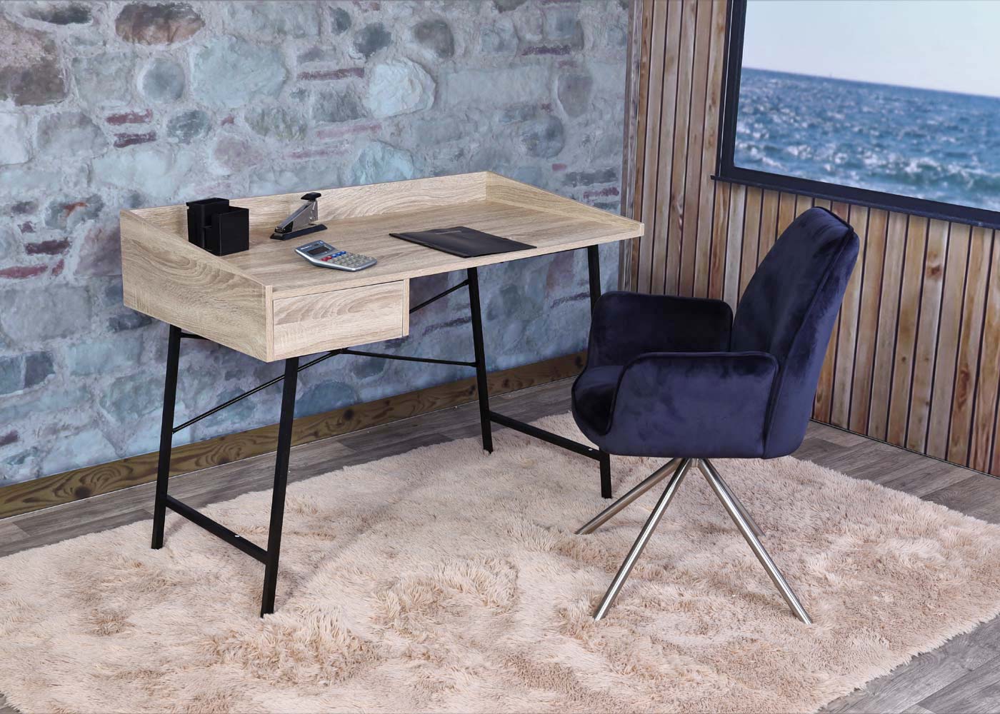 Bureau MCW-J97, bureau computerbureau, lade 3D structuur 98x114x60cm MVG-gecertificeerd ~ eiken look