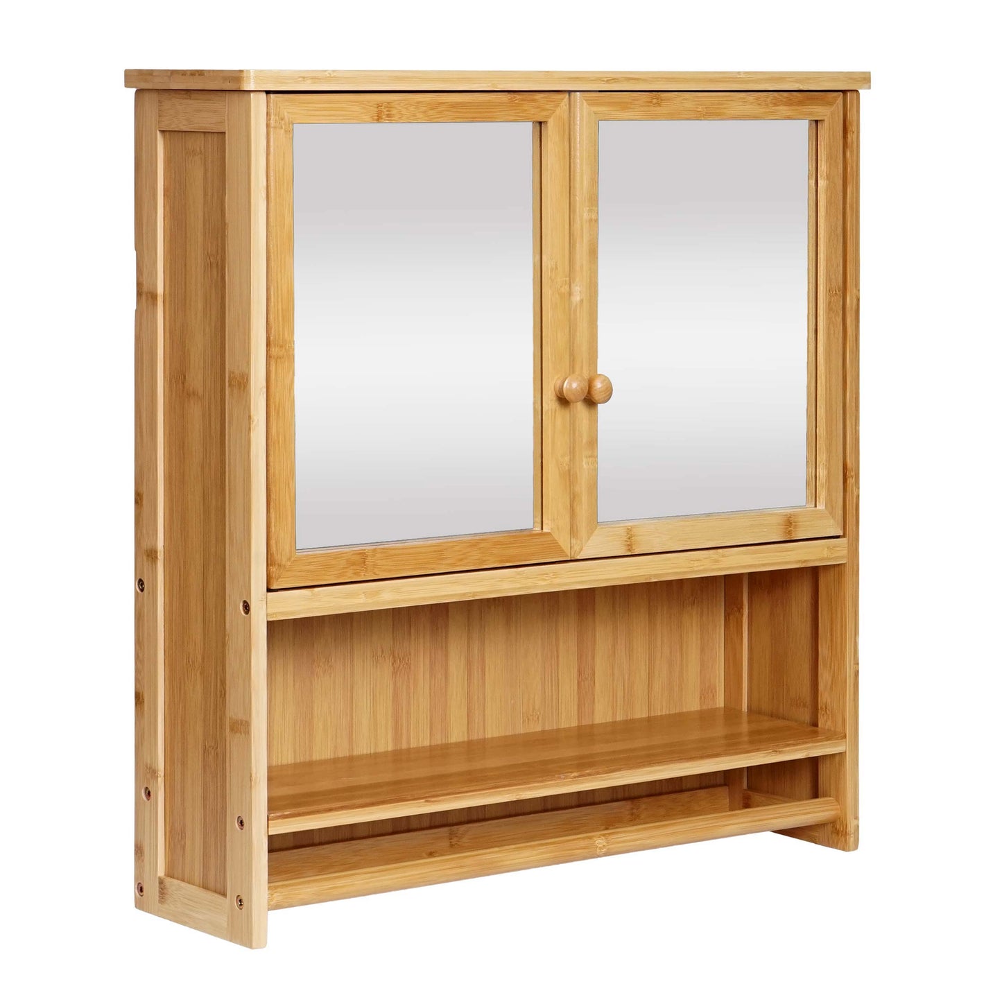 Spiegelkast MCW-B18, badkamer spiegelkast wandkast, 3 planken 2 deuren spiegel bamboe 62x66x15cm