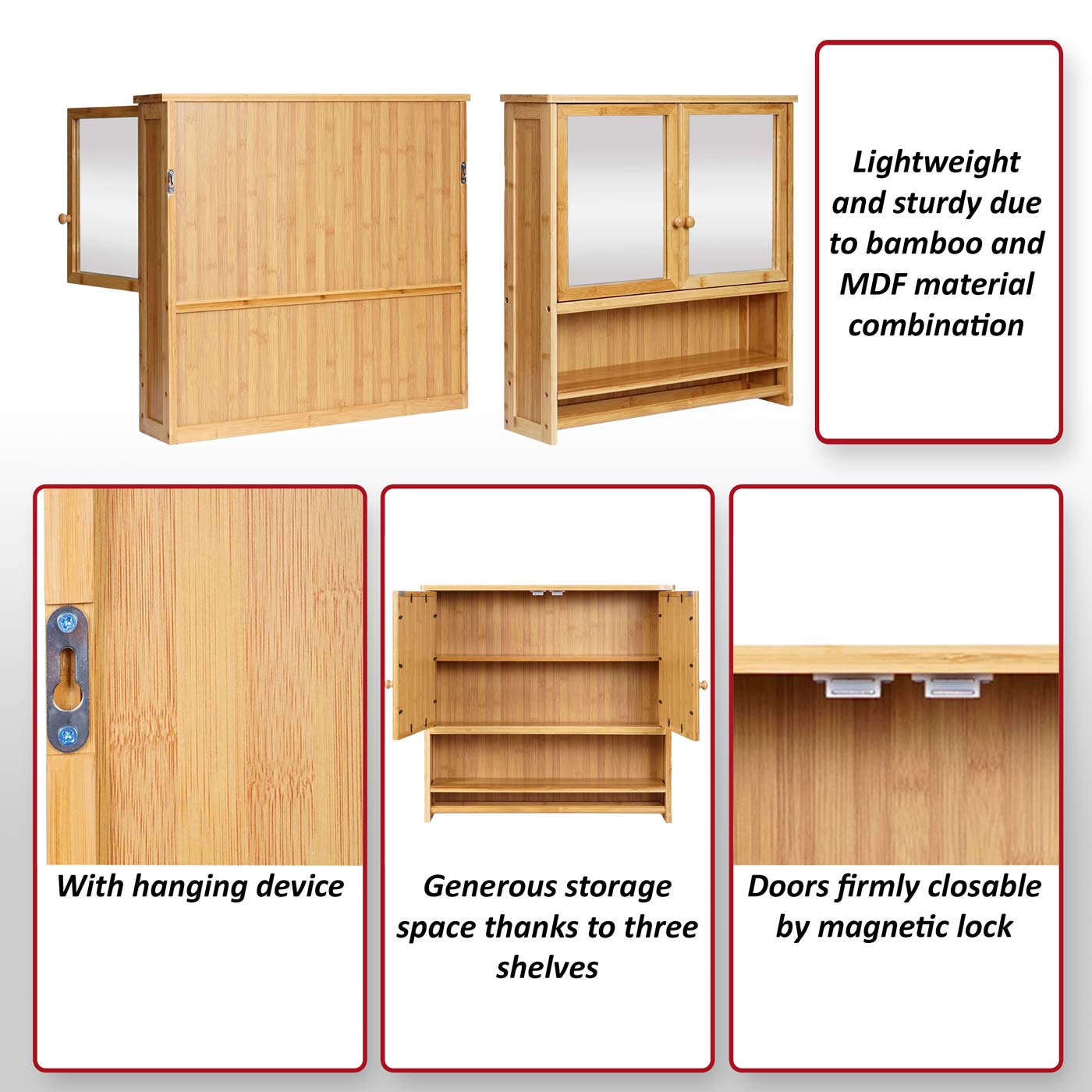 Spiegelkast MCW-B18, badkamer spiegelkast wandkast, 3 planken 2 deuren spiegel bamboe 62x66x15cm
