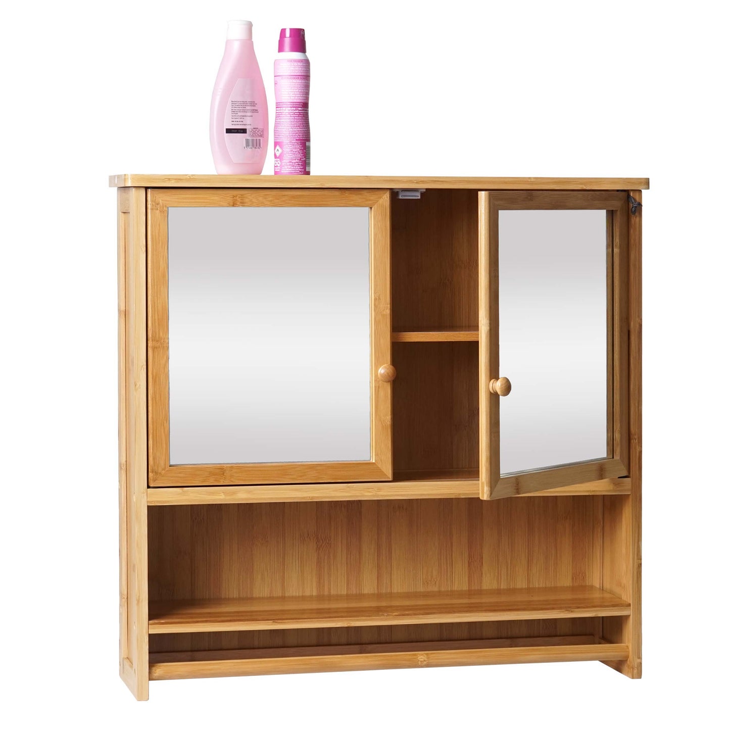 Spiegelkast MCW-B18, badkamer spiegelkast wandkast, 3 planken 2 deuren spiegel bamboe 62x66x15cm