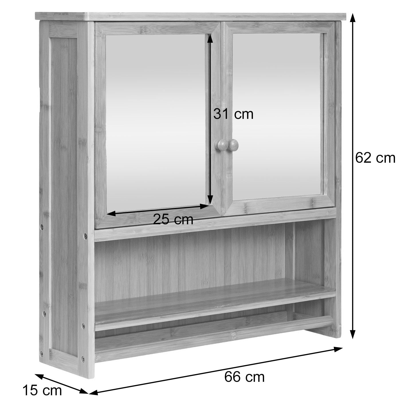 Spiegelkast MCW-B18, badkamer spiegelkast wandkast, 3 planken 2 deuren spiegel bamboe 62x66x15cm