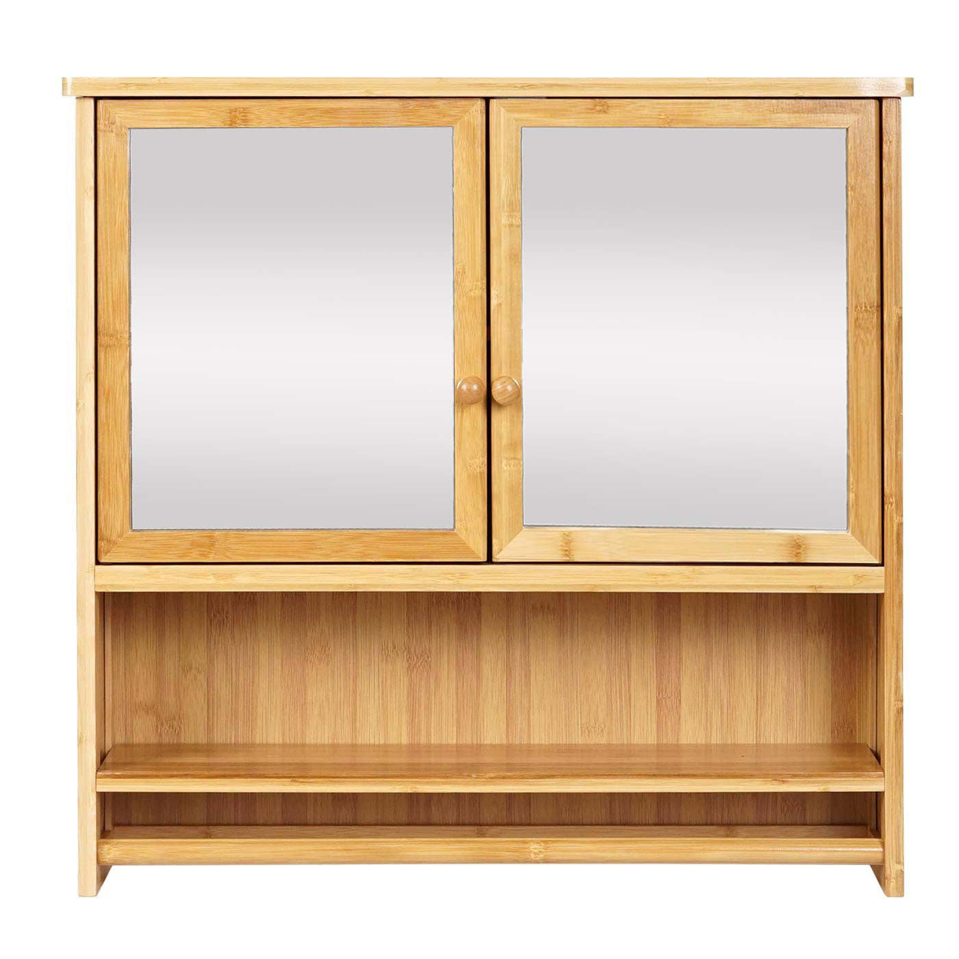 Spiegelkast MCW-B18, badkamer spiegelkast wandkast, 3 planken 2 deuren spiegel bamboe 62x66x15cm