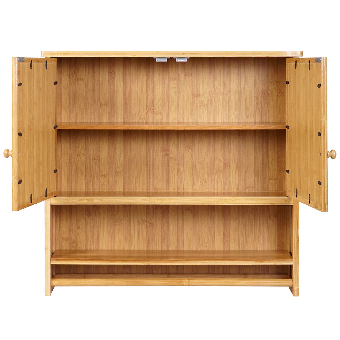 Spiegelkast MCW-B18, badkamer spiegelkast wandkast, 3 planken 2 deuren spiegel bamboe 62x66x15cm