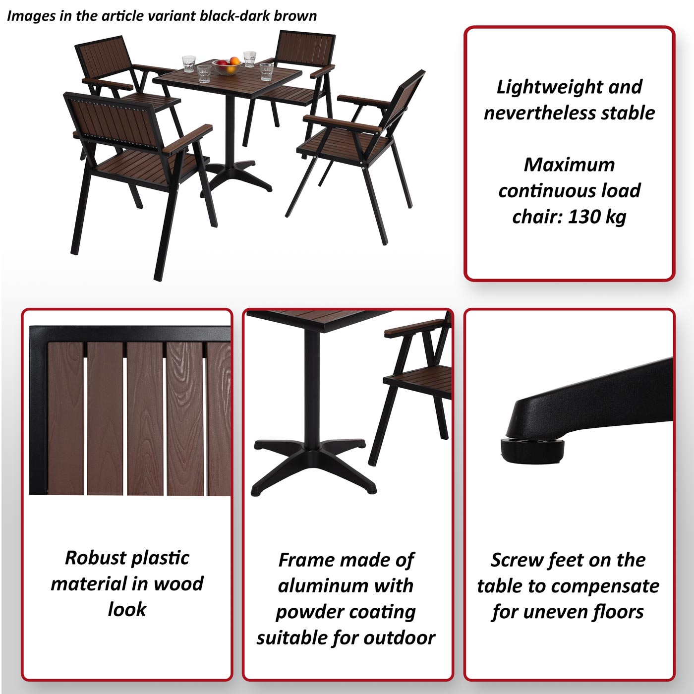 Set van 4 tuinstoelen + tuintafel MCW-J95, stoel tafel, gastro outdoor coating, aluminium hout look ~ zwart, teak