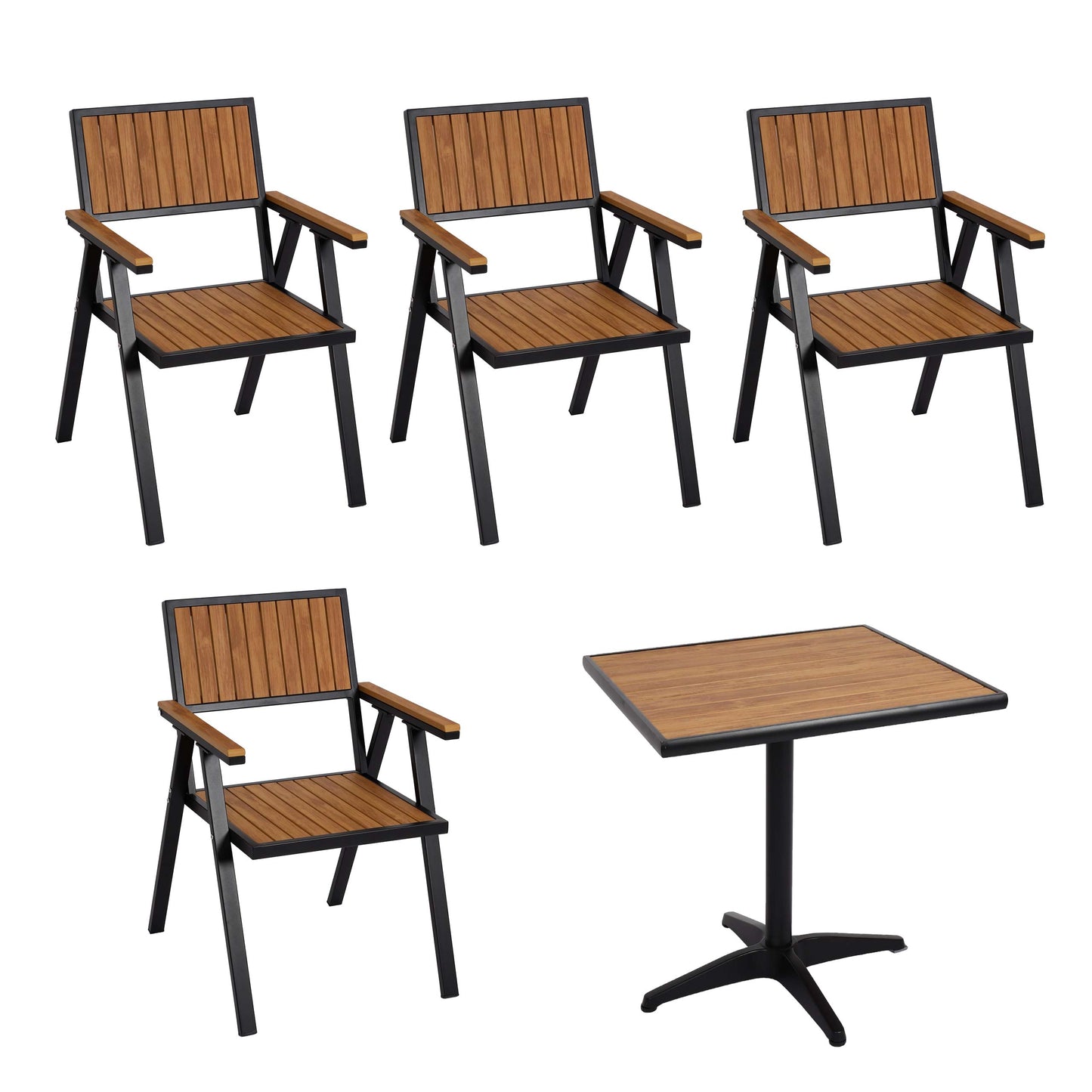 Set van 4 tuinstoelen + tuintafel MCW-J95, stoel tafel, gastro outdoor coating, aluminium hout look ~ zwart, teak