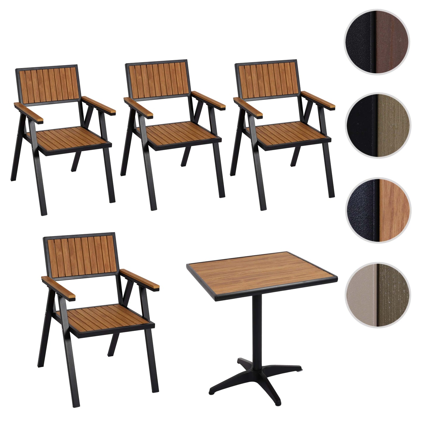 Set van 4 tuinstoelen + tuintafel MCW-J95, stoel tafel, gastro outdoor coating, aluminium hout look ~ zwart, teak