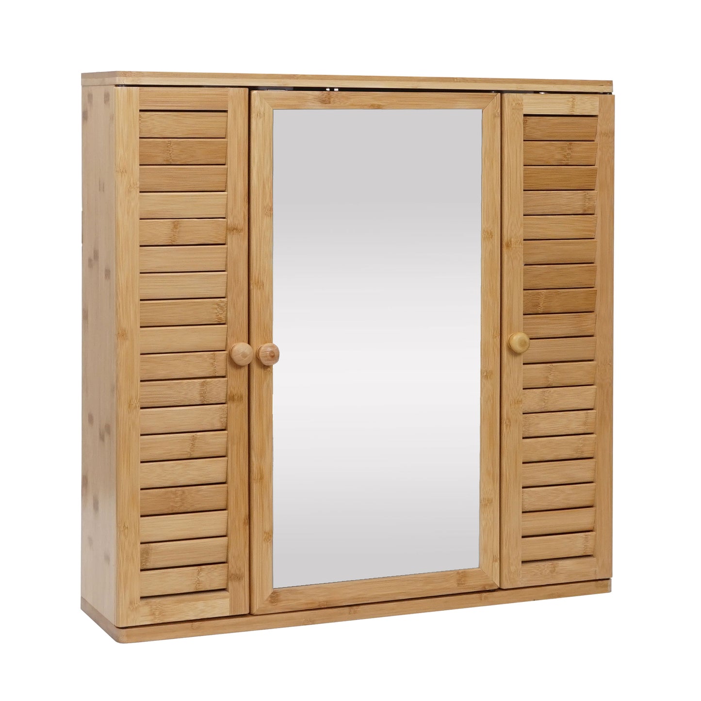 Spiegelkast MCW-B18, badkamer spiegelkast wandkast, 3 planken 3 deuren bamboe spiegel 60x60x15cm