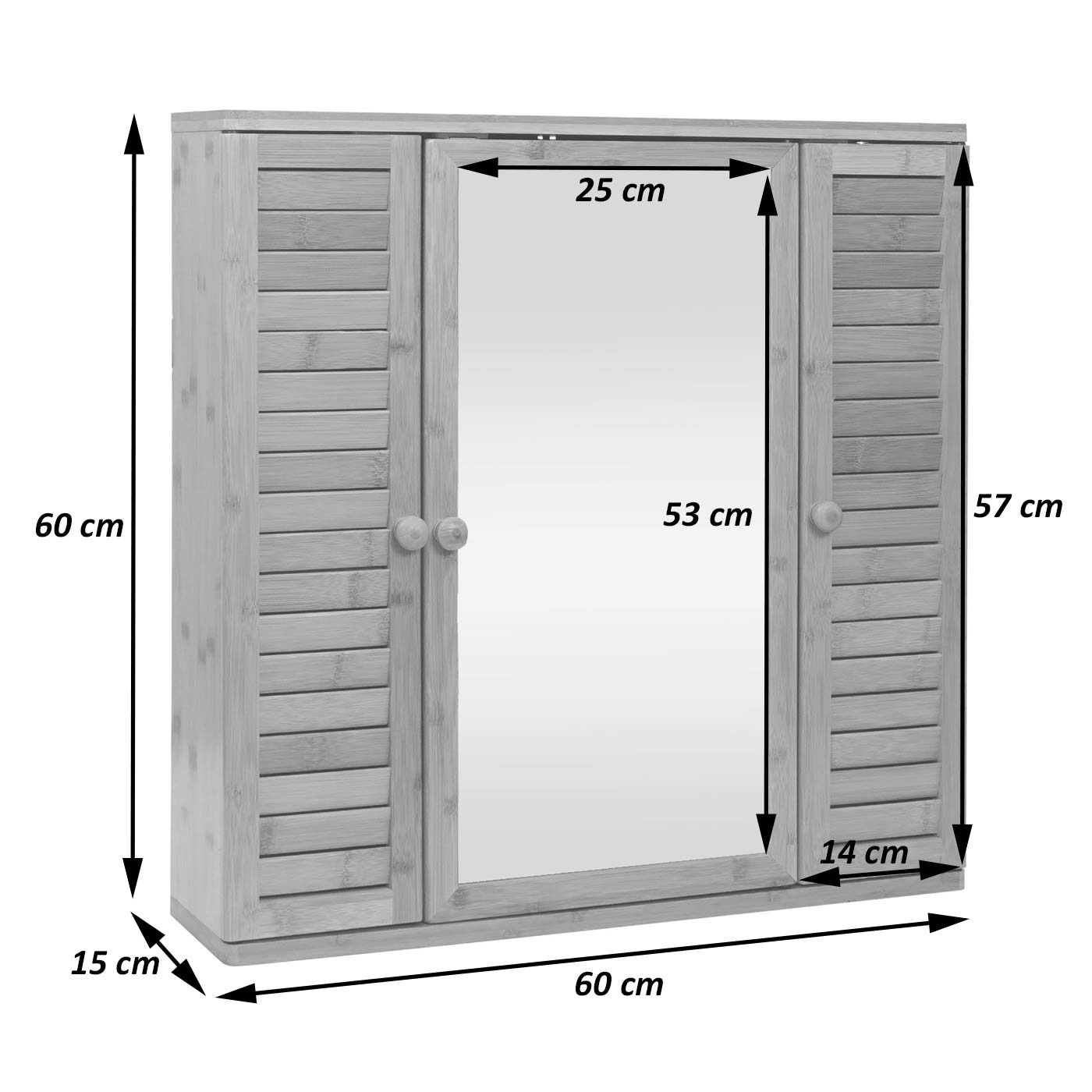 Spiegelkast MCW-B18, badkamer spiegelkast wandkast, 3 planken 3 deuren bamboe spiegel 60x60x15cm
