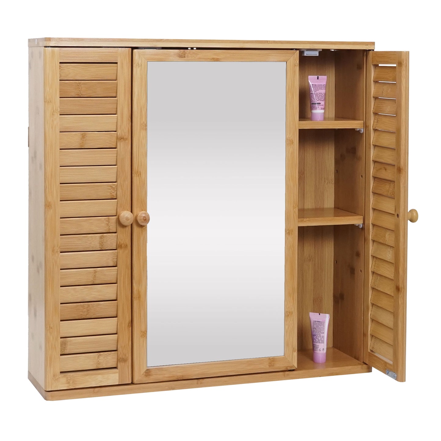 Spiegelkast MCW-B18, badkamer spiegelkast wandkast, 3 planken 3 deuren bamboe spiegel 60x60x15cm