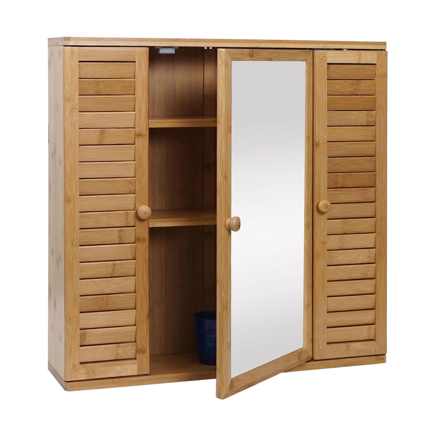 Spiegelkast MCW-B18, badkamer spiegelkast wandkast, 3 planken 3 deuren bamboe spiegel 60x60x15cm