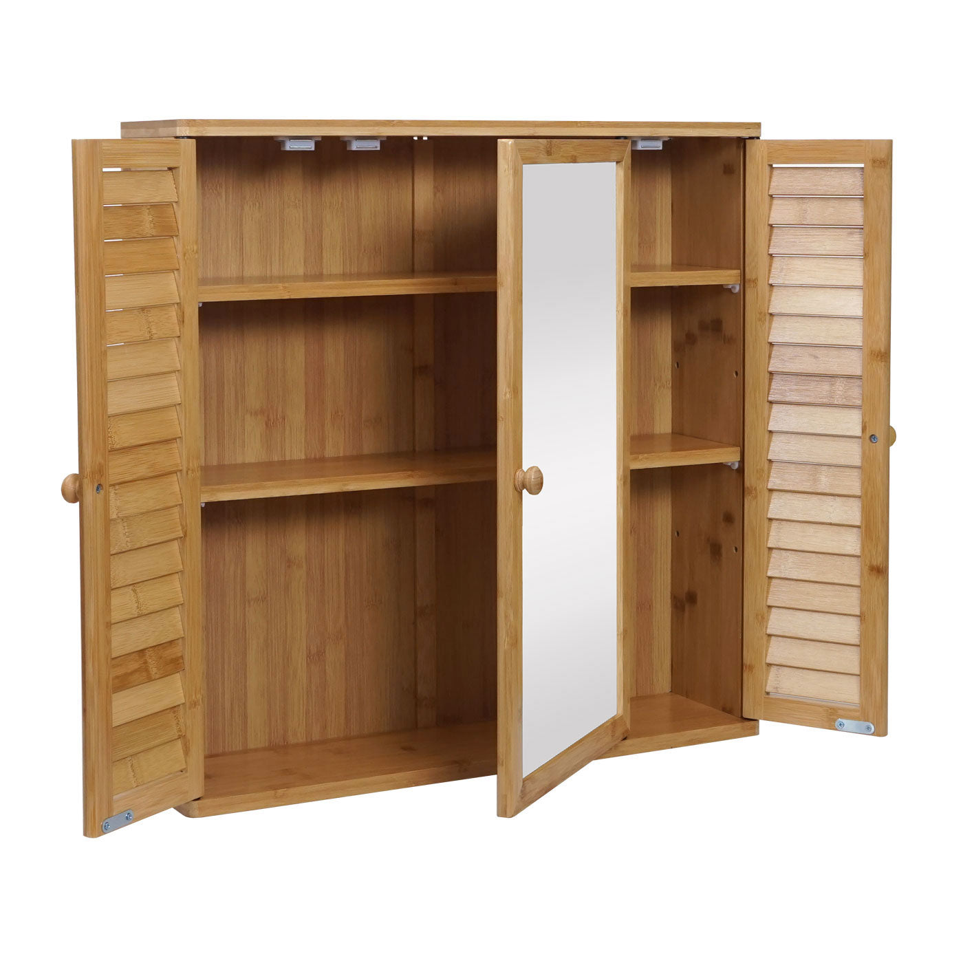 Spiegelkast MCW-B18, badkamer spiegelkast wandkast, 3 planken 3 deuren bamboe spiegel 60x60x15cm