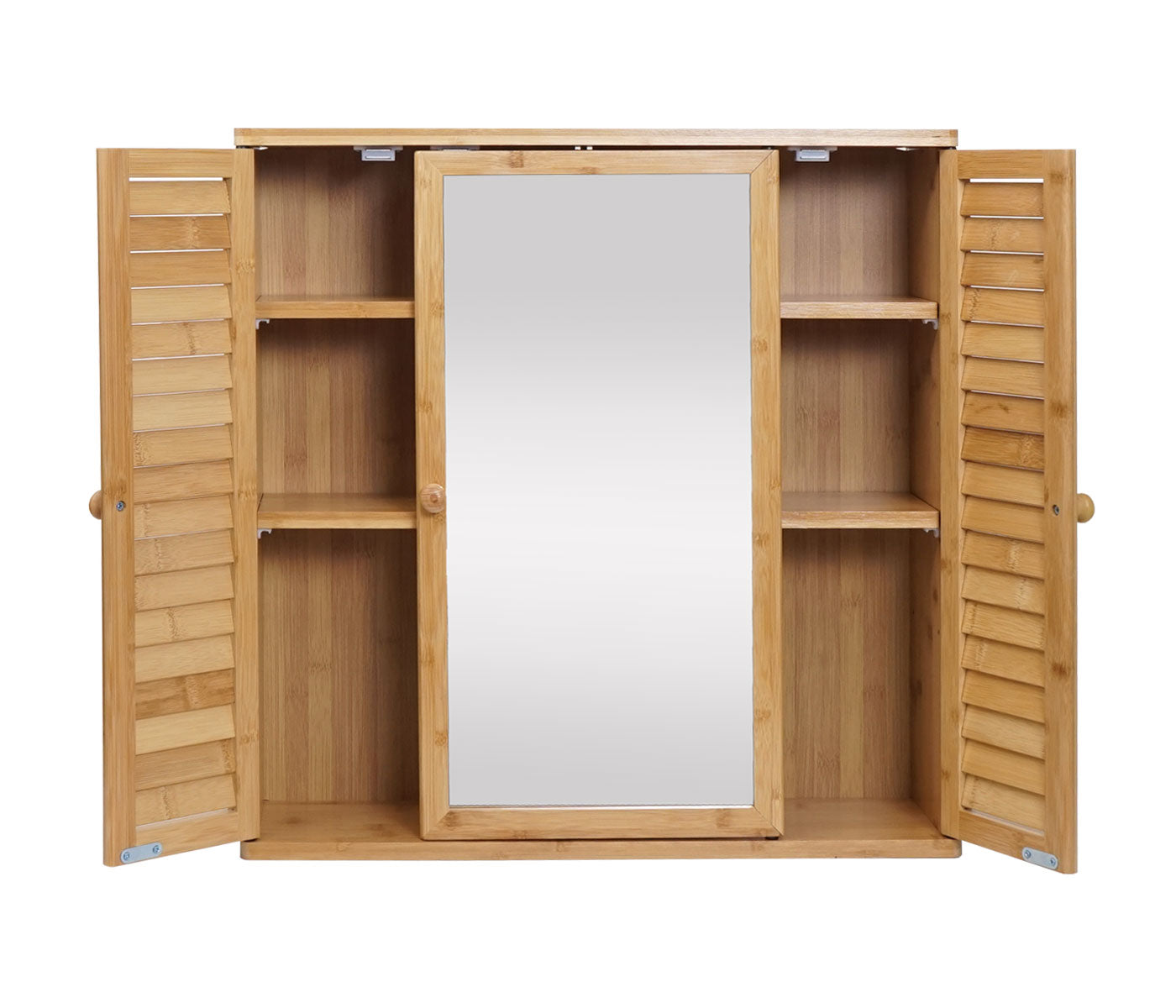 Spiegelkast MCW-B18, badkamer spiegelkast wandkast, 3 planken 3 deuren bamboe spiegel 60x60x15cm