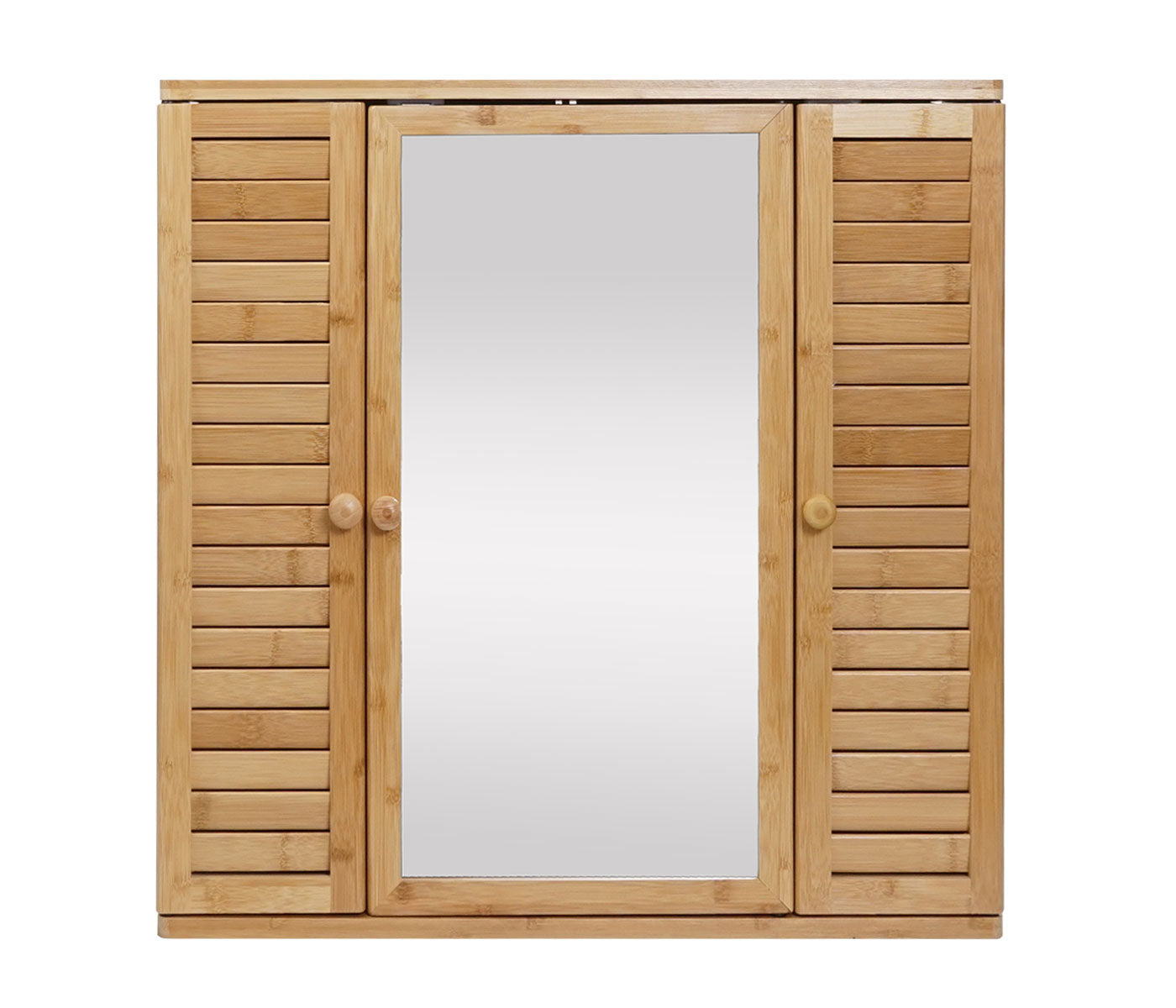 Spiegelkast MCW-B18, badkamer spiegelkast wandkast, 3 planken 3 deuren bamboe spiegel 60x60x15cm