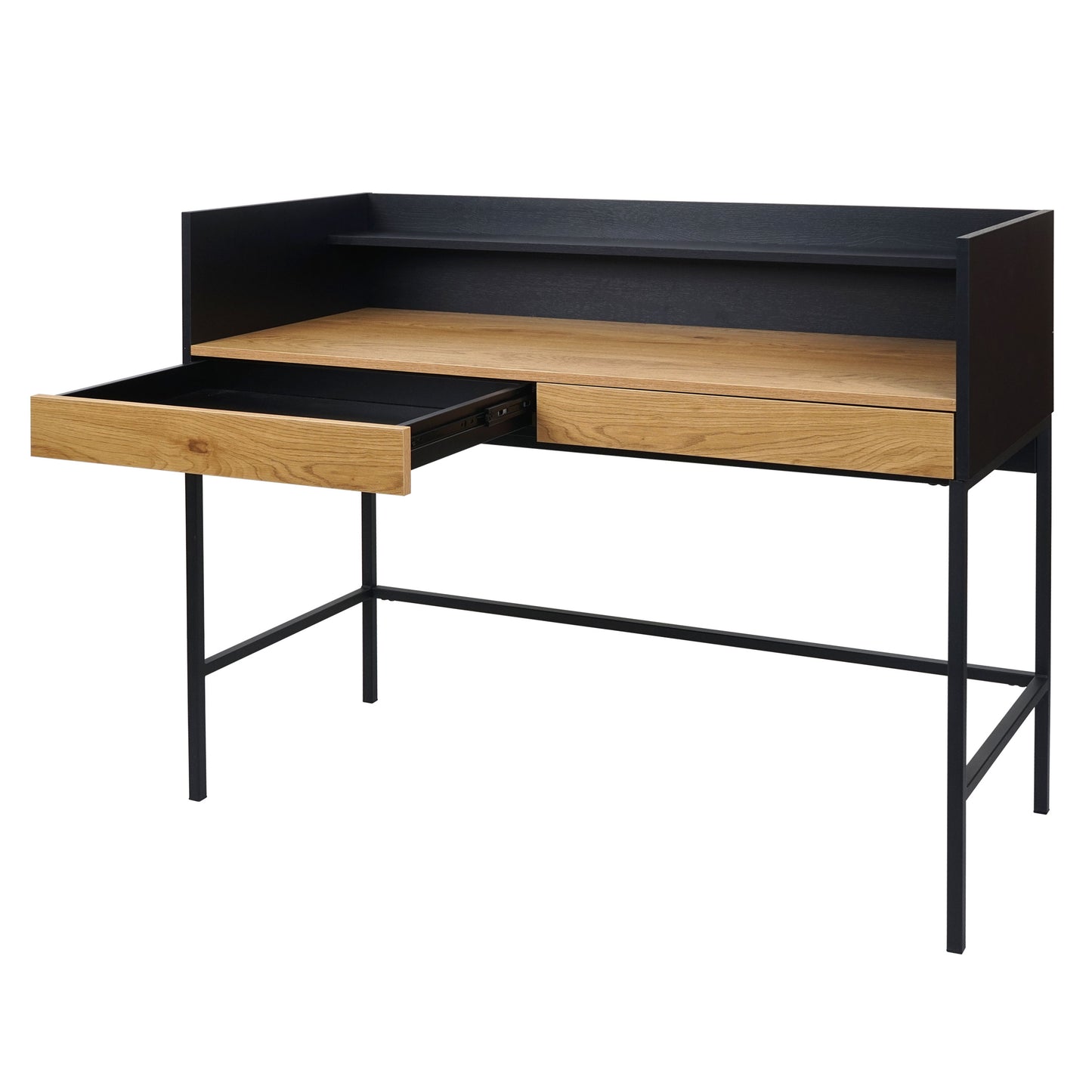 Bureau MCW-J79, bureau computer bureau werktafel, lade 120x50cm hout metaal ~ eiken-look