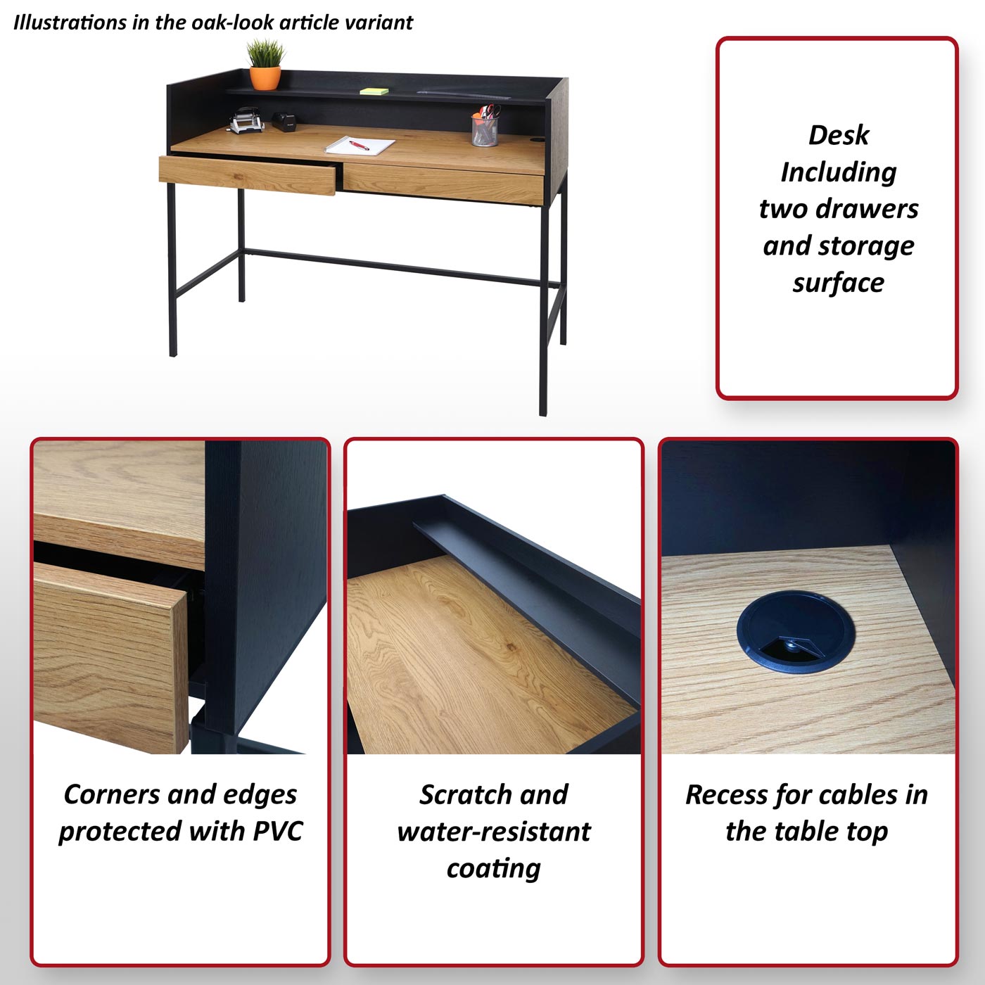 Bureau MCW-J79, bureau computer bureau werktafel, lade 120x50cm hout metaal ~ walnoot look