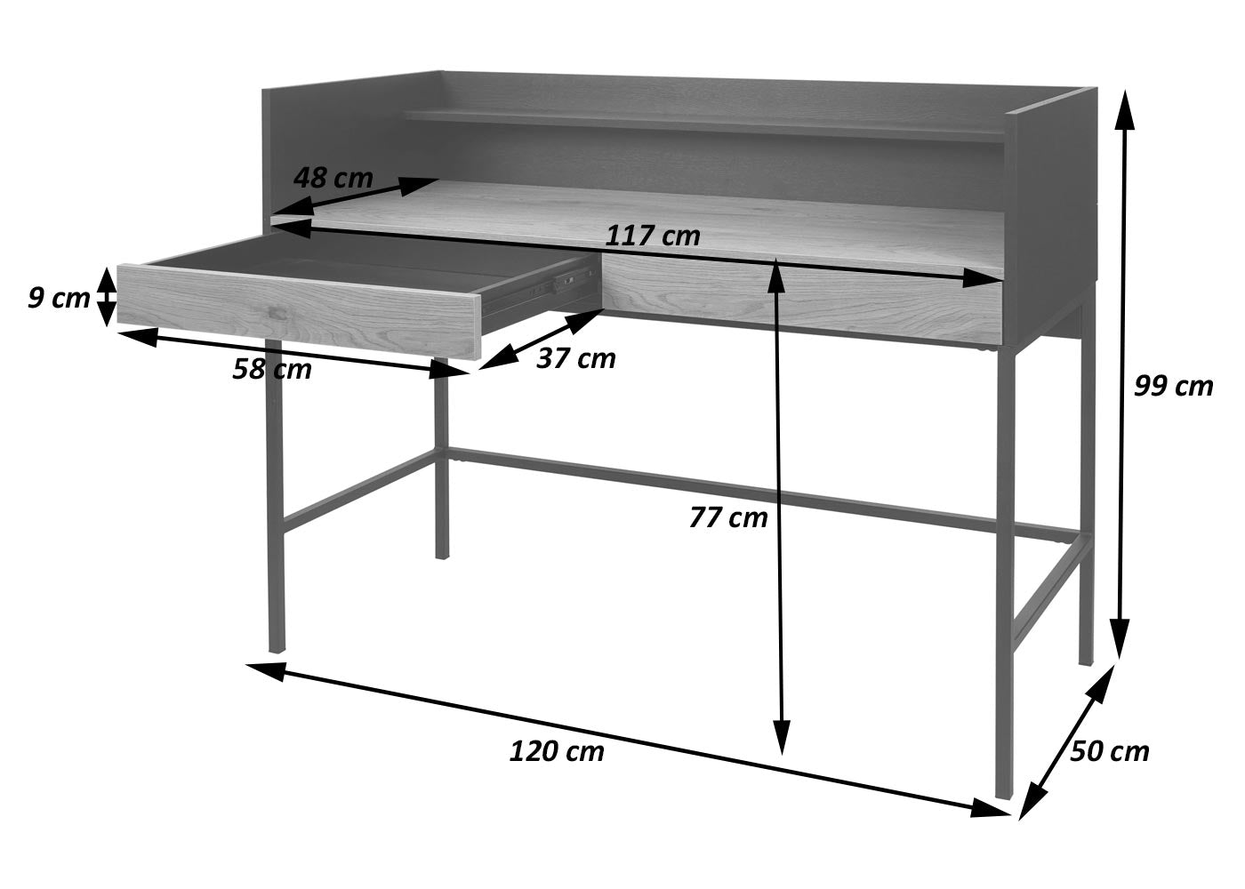Bureau MCW-J79, bureau computer bureau werktafel, lade 120x50cm hout metaal ~ walnoot look