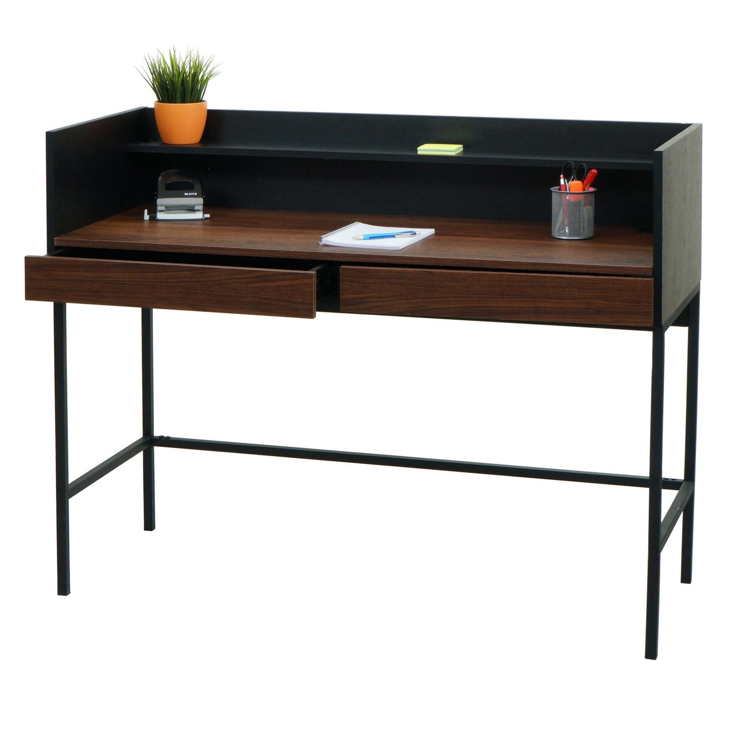 Bureau MCW-J79, bureau computer bureau werktafel, lade 120x50cm hout metaal ~ walnoot look