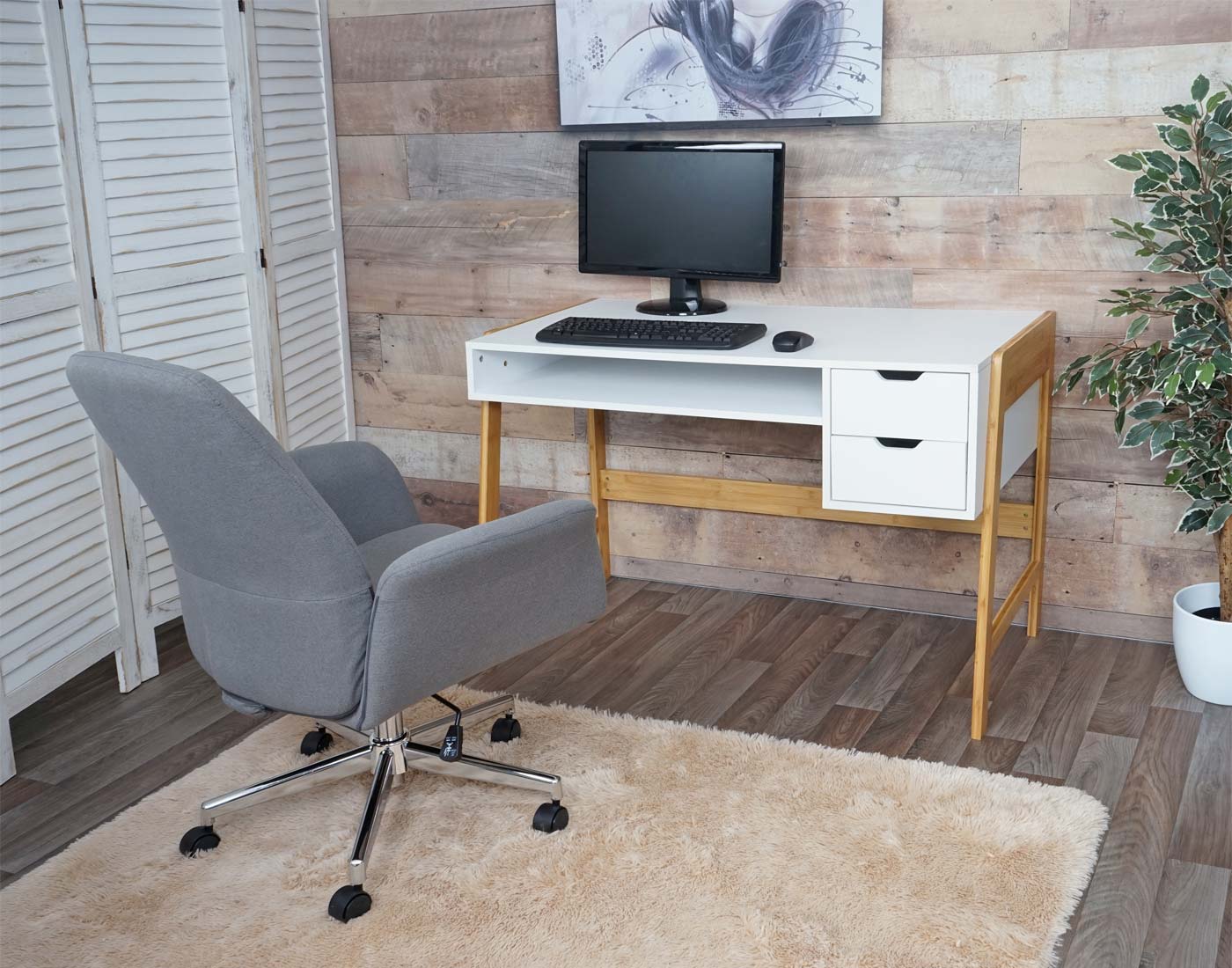 Bureau MCW-K12, bureau computerbureau werktafel, lade, bamboe 76x115x58cm ~ wit
