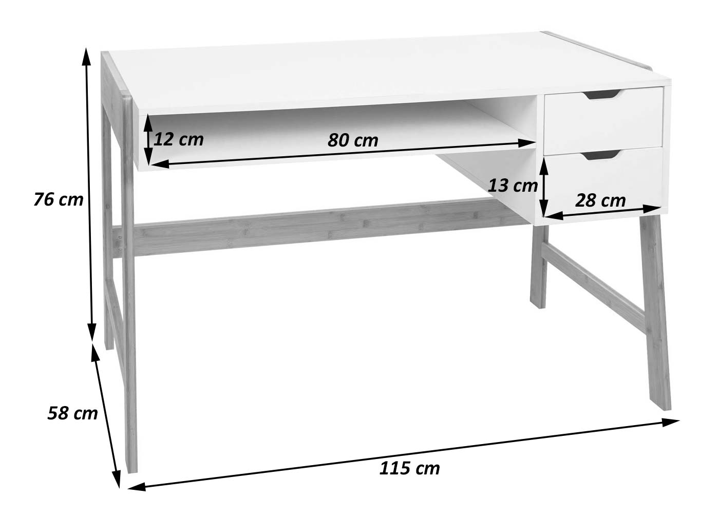 Bureau MCW-K12, bureau computerbureau werktafel, lade, bamboe 76x115x58cm ~ wit